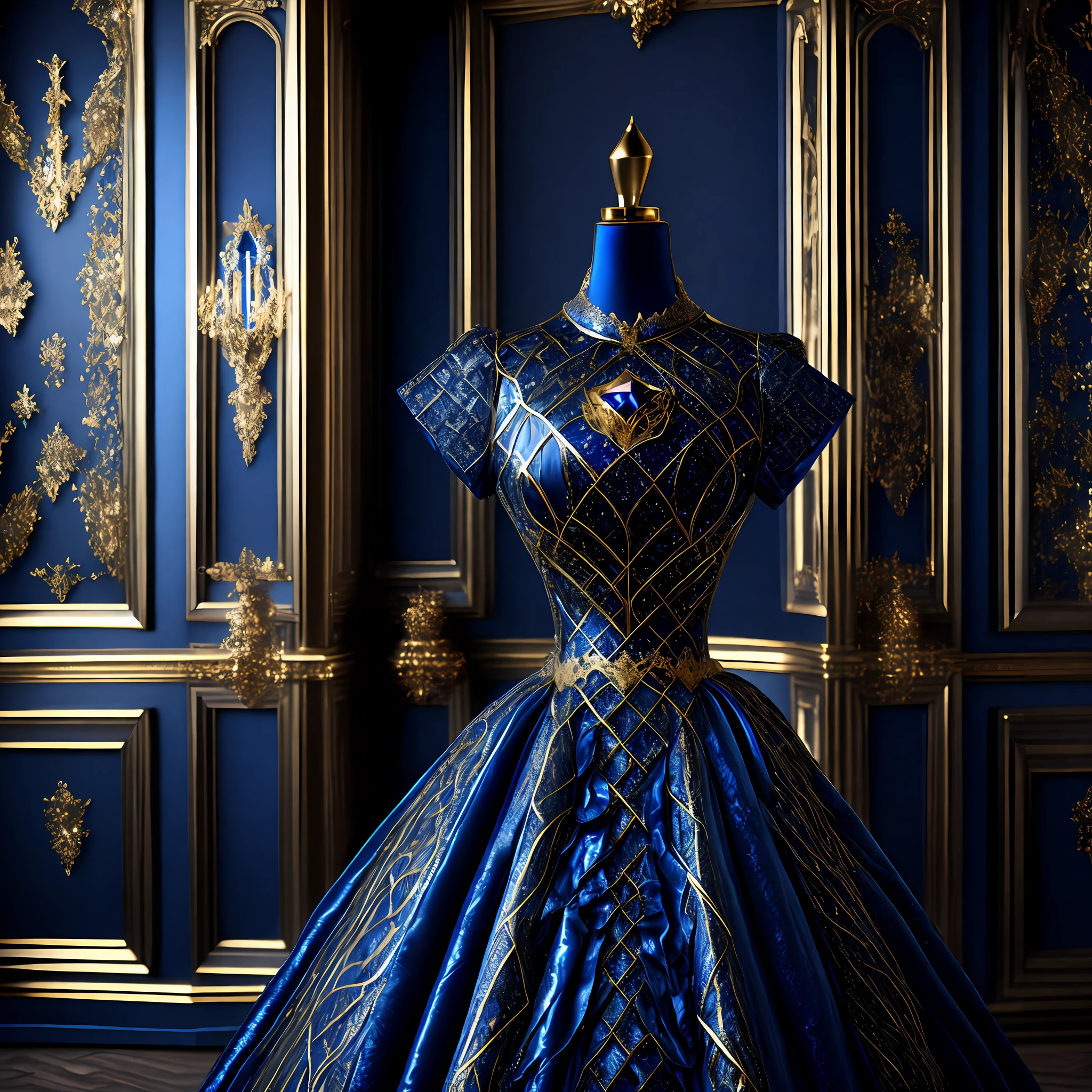 Gothic style room, gold lines, a dummy model, dressed in a gorgeous diamond dress, sapphires, masterpieces, hyper-detailed, realistic style, super real, complex elements, photography