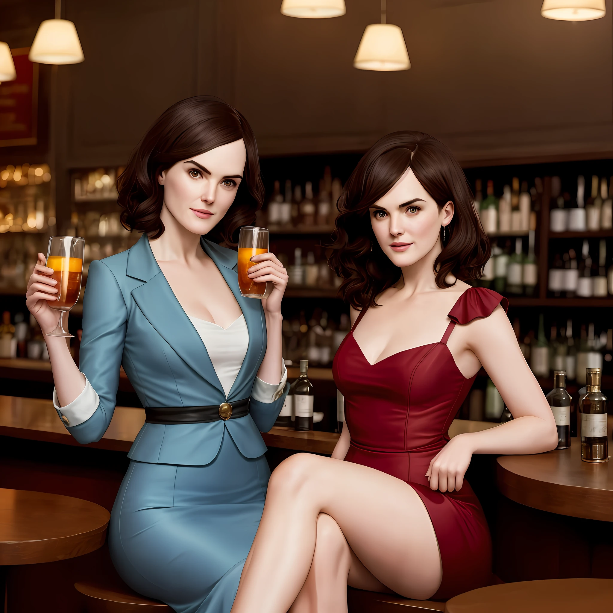 michelle dockery and jessica brown-findlay in the bar, smiling, in modern clothes