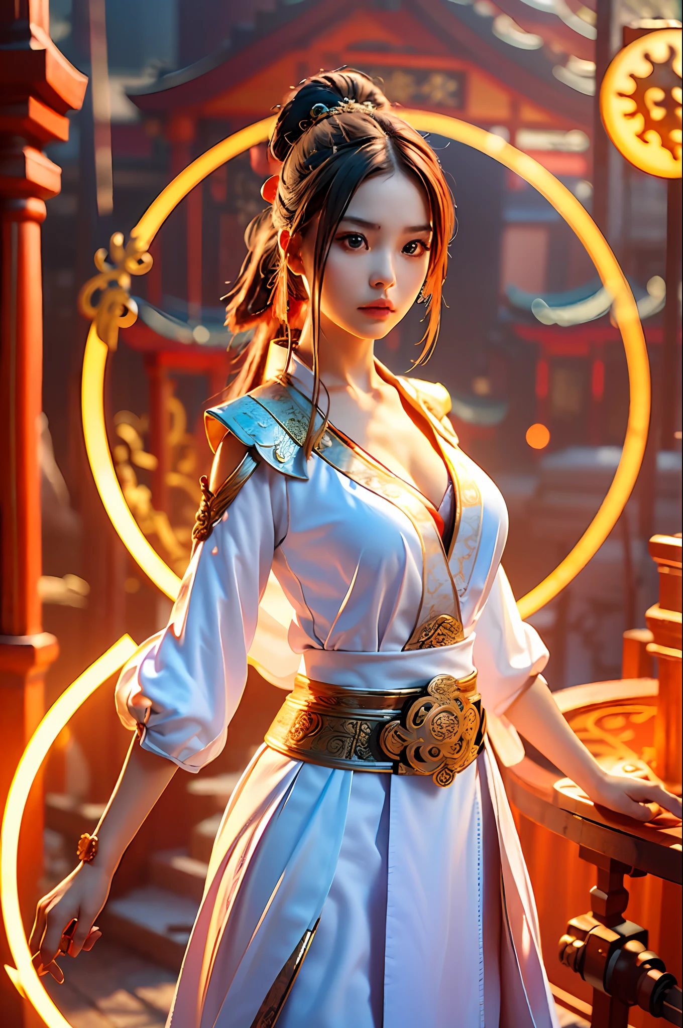 Best quality,masterpiece,ultra high res,(photorealistic:1.4),xiuxian,weapon,Detailed face,
1girl,solo,weapon,cleavage,(magic circle:1.2),xiuxian,upper body,Beautiful girl,full body,east asian architecture,sheath,architecture,