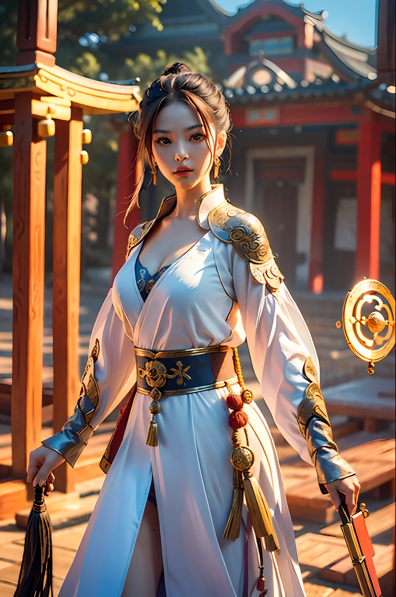 Best quality,masterpiece,ultra high res,(photorealistic:1.4),xiuxian,weapon,Detailed face,
1girl,solo,weapon,cleavage,(magic circle:1.2),xiuxian,upper body,Beautiful girl,full body,east asian architecture,sheath,architecture,
