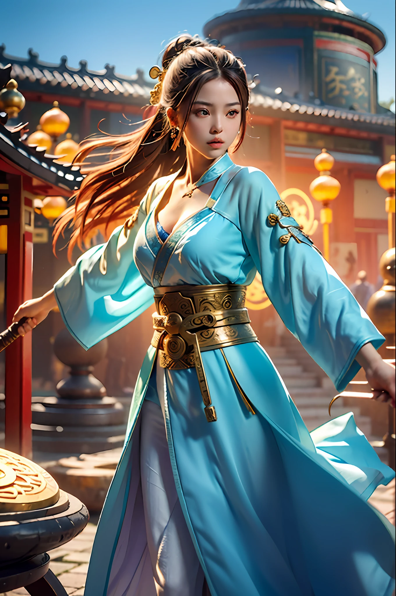 Best quality,masterpiece,ultra high res,(photorealistic:1.4),xiuxian,weapon,Detailed face,
1girl,solo,weapon,cleavage,(magic circle:1.2),xiuxian,upper body,Beautiful girl,full body,east asian architecture,sheath,architecture,