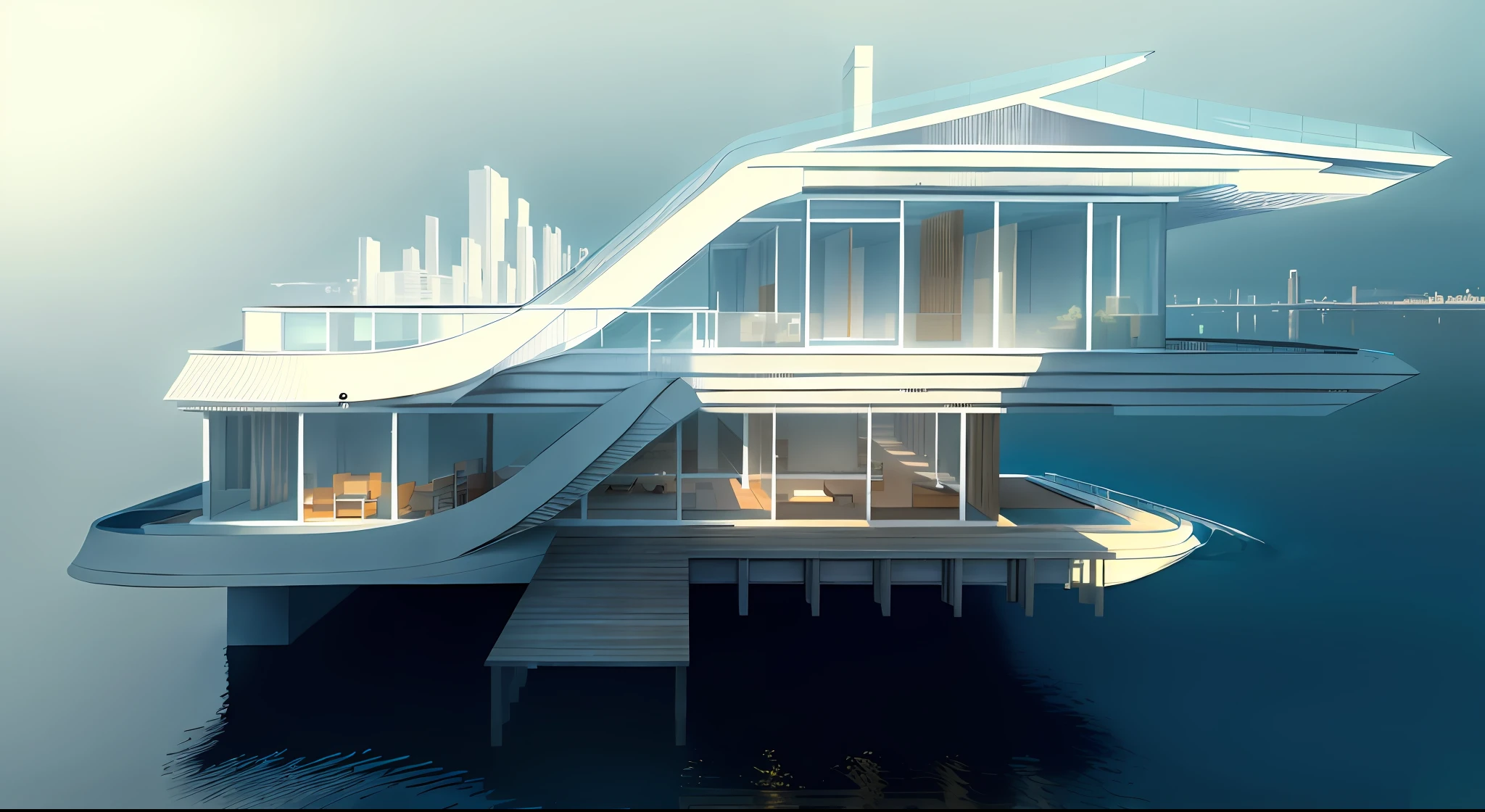 2D, line drawing, elevation view, sketch, architecture, water, reflection, light and shadow