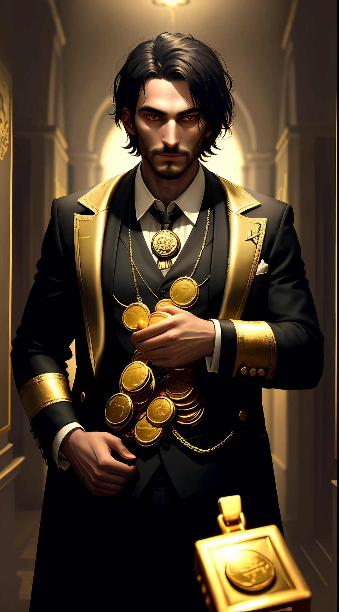 Dark room, a man with gold coins in his hand, staring