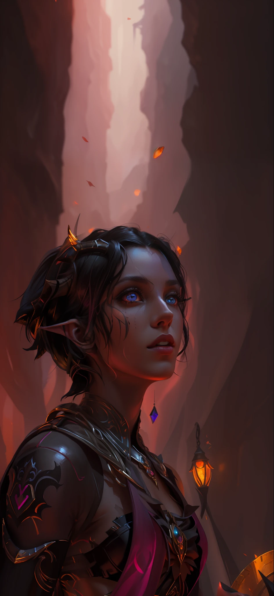 (((Masterpiece))), (((Best Quality: 1.4))), ((Super Detail: 1.4)) , hyper detailed gouache painting of a female Tiefling, gorgeous exotic features, amber neon eyes:1.5,  black hair, hyper detailed face features, expressivo face, detailed textures, light Magenta skintone, tattoos, natural skin shader, volumetrics, warm undertones under her skin, ultra High resolution