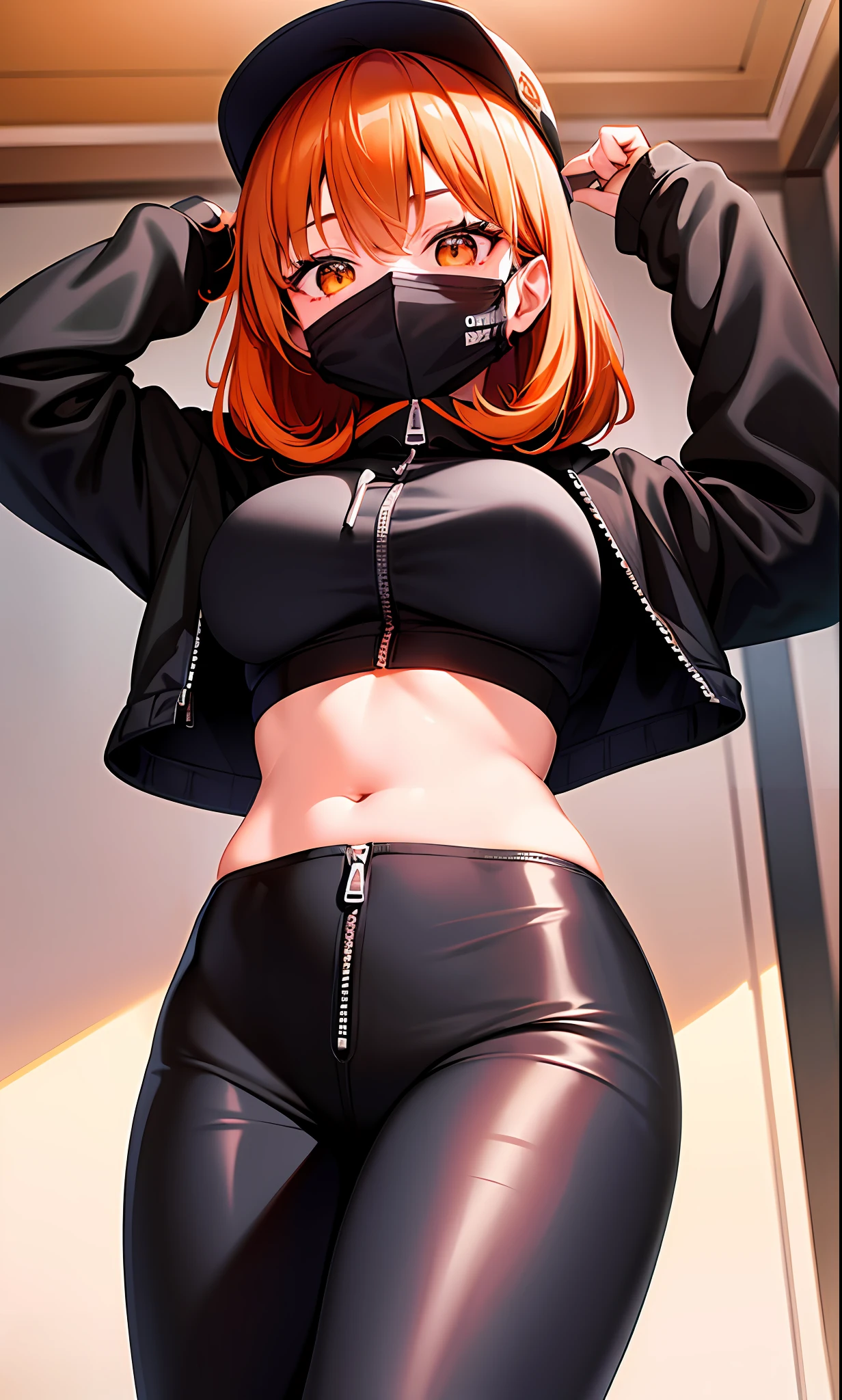 1girl, masterpiece, best quality, medium full shot, orange hair, (black unzipped hoodie), (mask), (black cap), crop top, round breasts, (black tight pants)