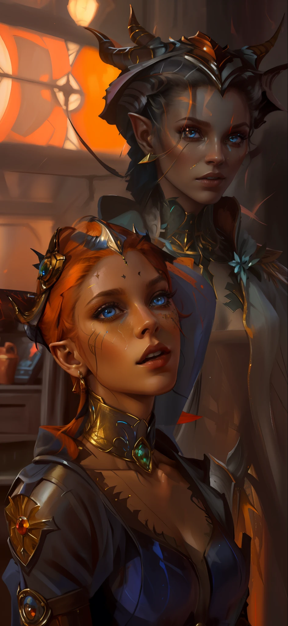 (((Masterpiece))), (((Best Quality: 1.4))), ((Super Detail: 1.4)) , hyper detailed gouache painting of a female Tiefling, gorgeous exotic features, amber neon eyes:1.5, orange hair, hyper detailed face features, expressivo face, detailed textures, blue skintone, tattoos, natural skin shader, volumetrics, warm undertones under her skin, ultra High resolution