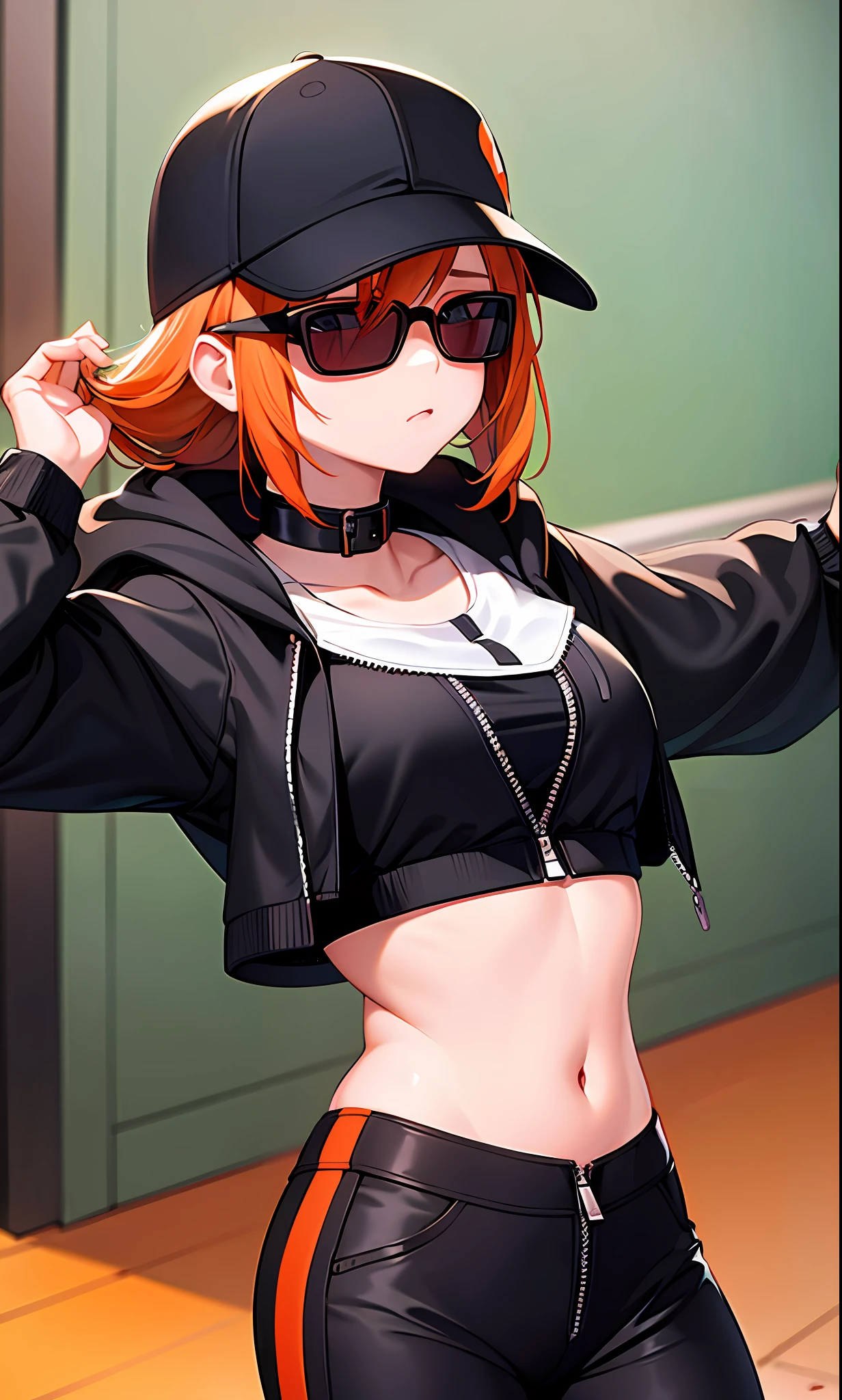 1girl, masterpiece, best quality, medium full shot, orange hair, (black unzipped hoodie), (mask), (black cap), (dark glasses), crop top, (black tight pants)