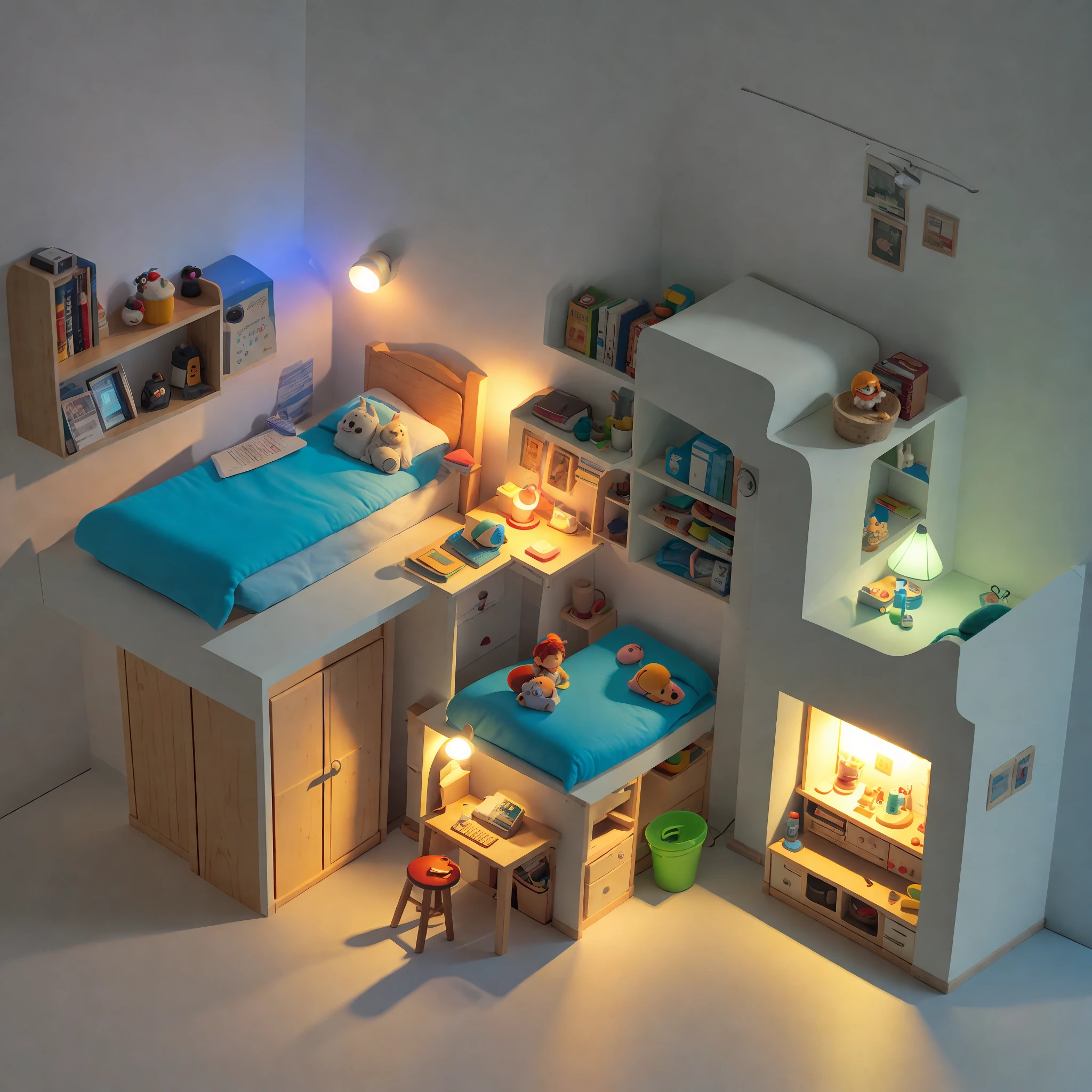 (Pixar style),A model of a cozy small room, miniature figure model, light source from right to left, 10 Rumbrandt lighting, light source from right to left, (isometric view), (top-down), realistic scale, post-processing, ((orthogonal perspective)), super detail, realistic, super realistic, realistic render, rainbow color
