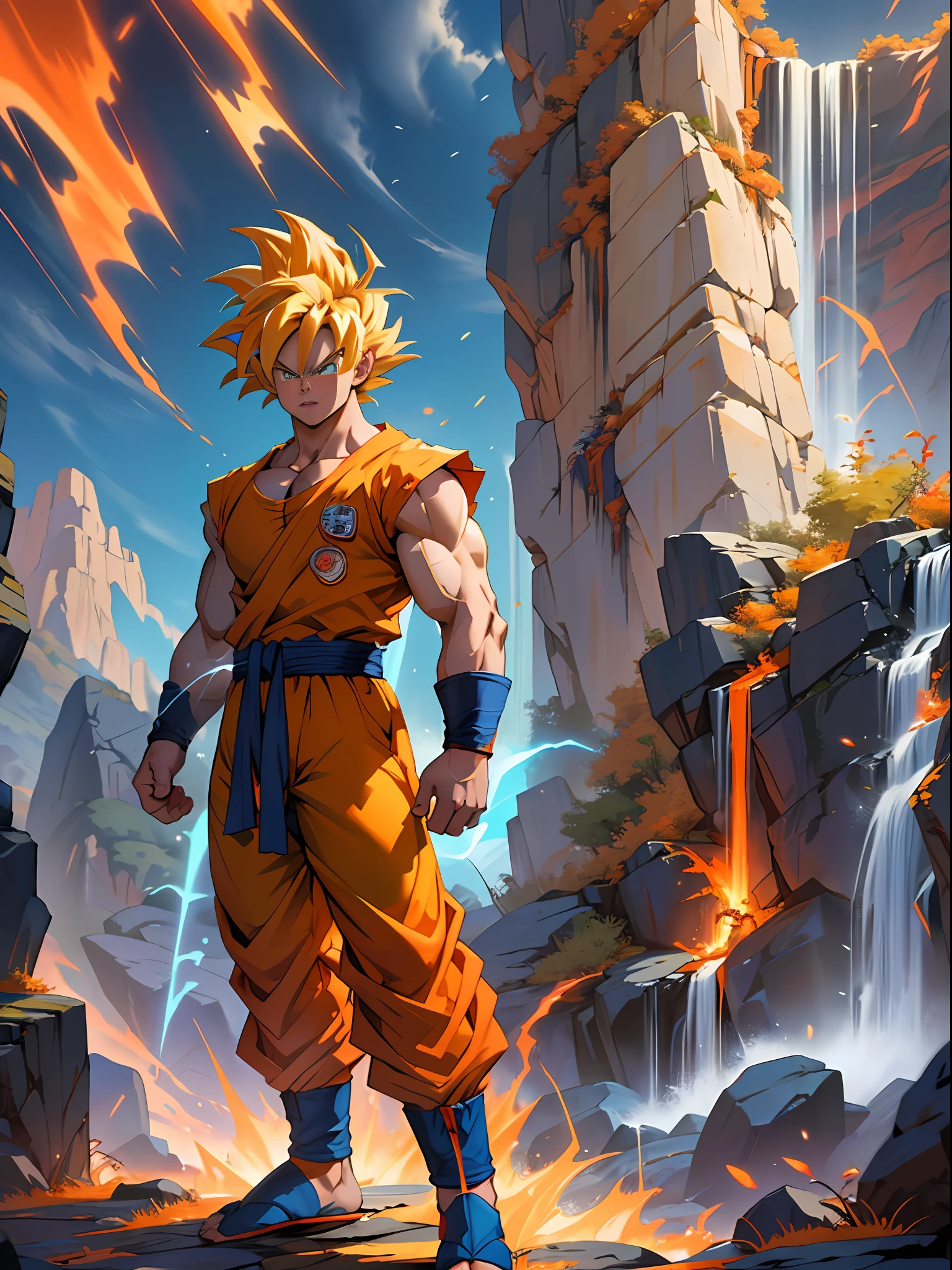 Son Goku from Dragon Ball, in his iconic orange and blue outfit, powering up to Super Saiyan with golden hair and aura, standing on a rocky terrain with a waterfall in the background, the scene is filled with intense energy and determination, Artwork, digital painting with vivid colors and dynamic lines