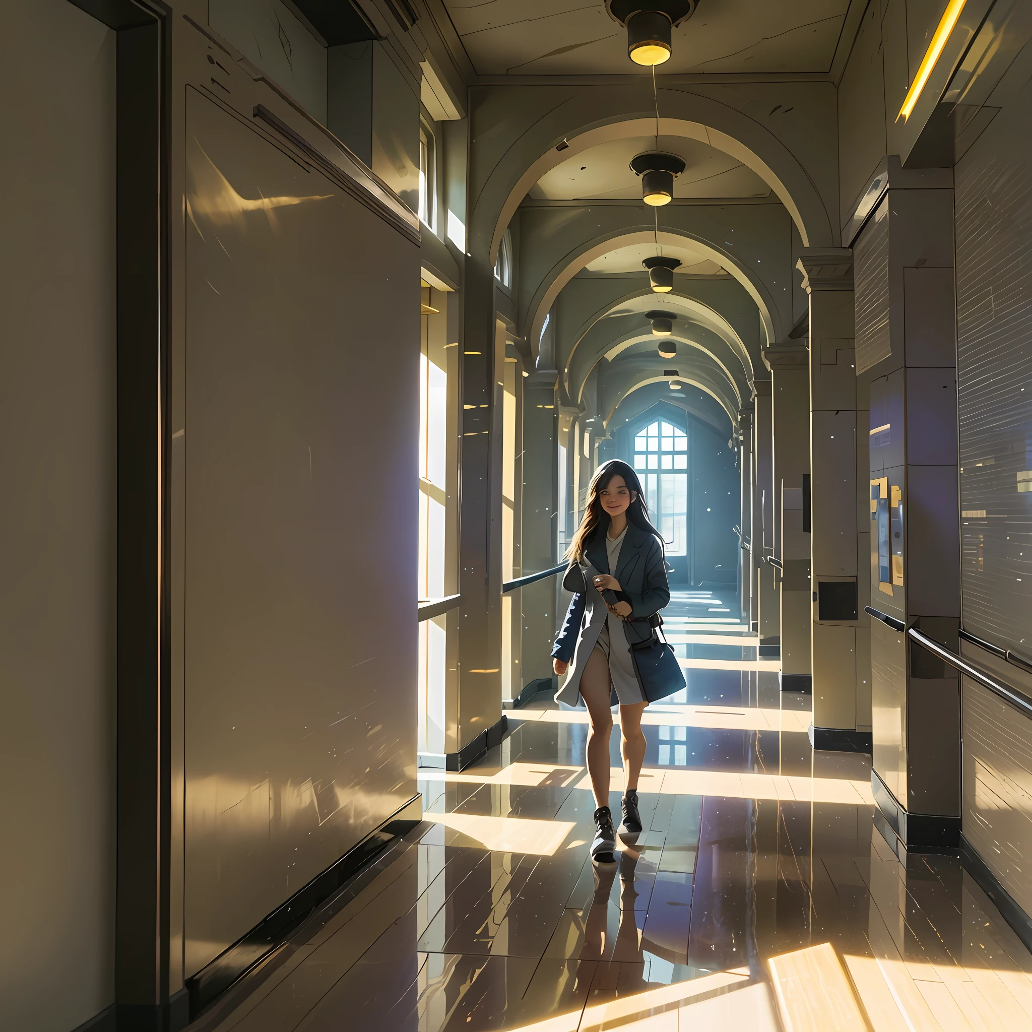 professional cinematic photo of a girl wandering in a hall, smiling, detailed face, ultimate shadow depth, busy setting, luminism, ultra bioluminescence, god rays, warm colors, high contrast, high focus, best Form shadows, best Shadow receiving bounced light, best Core shadows, best Cast shadows, best Occlusion shadows, ultra intricate shadow-light play,