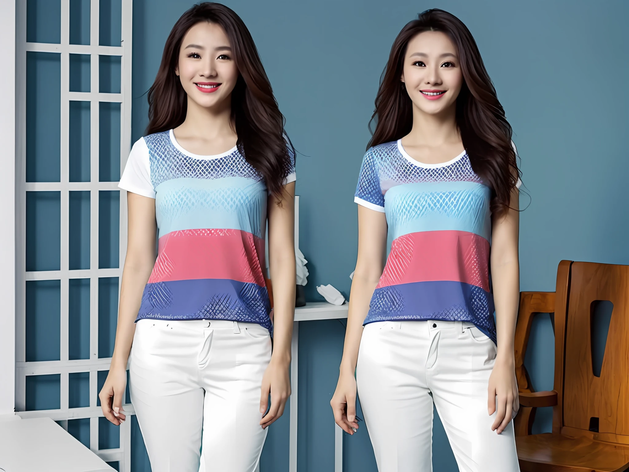 Fourth style: T-shirt
In the summer, the oil heater exposed behind the air conditioner in the office of a colleague in the house is different from the outside. However, it is very important to wear simple and comfortable clothing in such a season. They can be freely purchased and played outdoors, as well as convenient for active scenes such as daily gatherings. We recommend choosing a striped T-shirt with long or short sleeves for a colourful and relaxed look at the blue sky. Please take full-body photos, look at the camera, 8K HD with DSLR, high resolution, realistic feel and shallow depth of field (0.8).