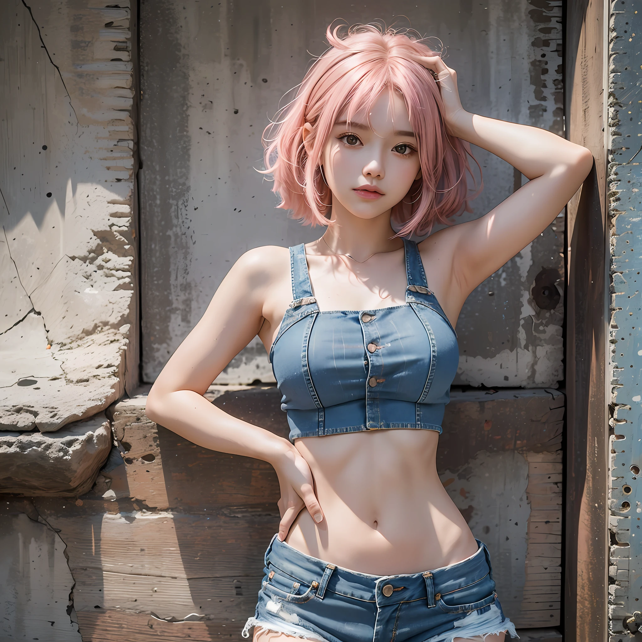 masterpiece, best quality, ultra realistic, hyper-detailed, 8k resolution, RAW photo, (1girl), wearing croptop, short denim shorts, happy, posing for photo, pink hair, messy hair