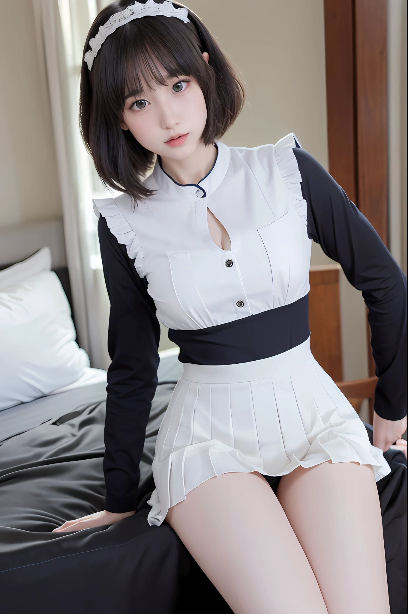 (8k, original photo processing, best quality, masterpiece: 1.2, thighs,), (realistic, realistic, photo realistic: 1.37), ultra-detailed,
Beautiful delicate eyes, beautiful delicate nose, flat chest, JK uniform, pleated skirt, stockings, tall slim beauty, short hair, princess room