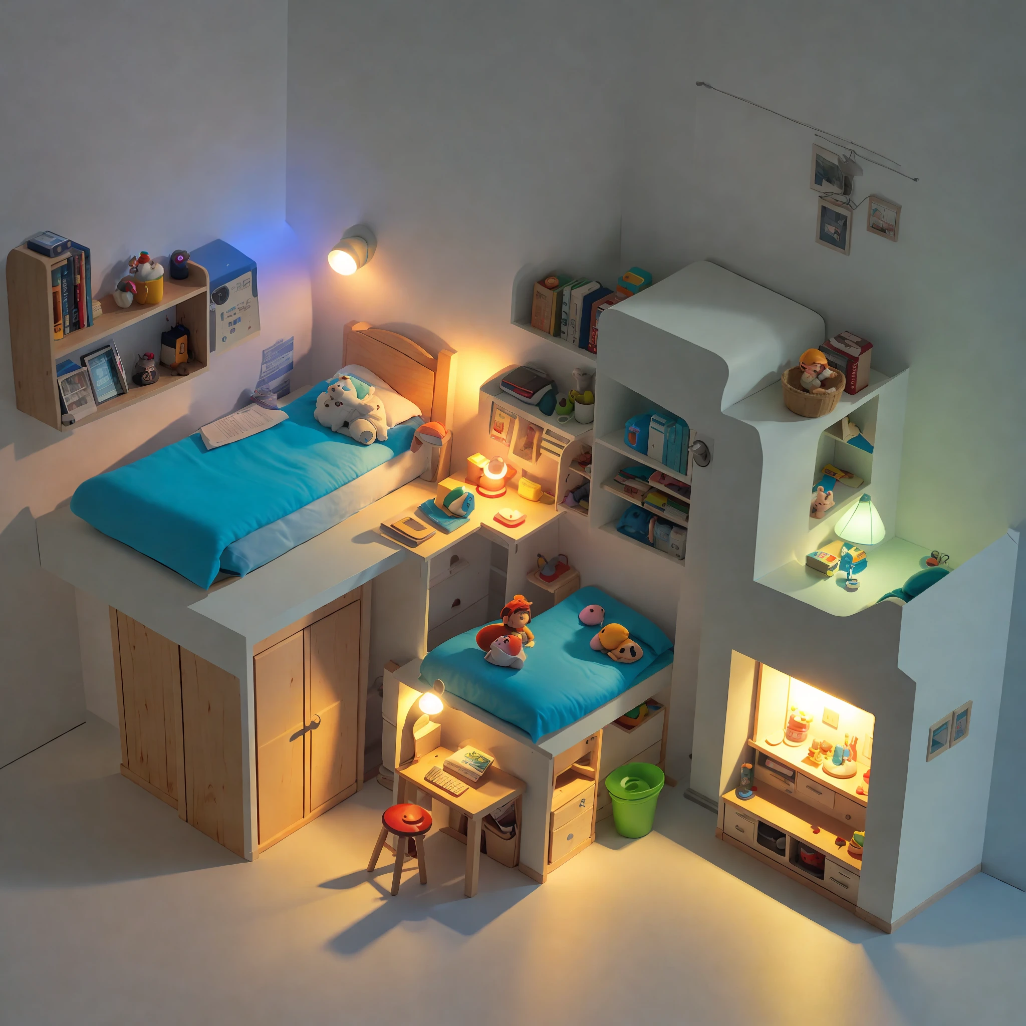 （Pixar style),A model of a cozy small room, miniature figure model, light source from right to left, 10 Rumbrandt lighting, light source from right to left, (isometric view), (top-down), realistic scale, post-processing, ((orthogonal perspective)), super detail, realistic, super realistic, realistic render, rainbow color, bright