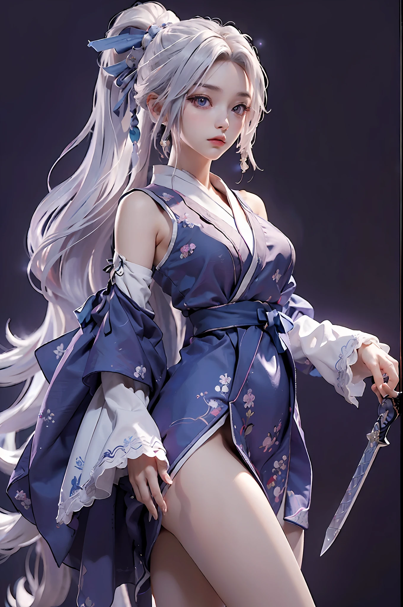 (((masterpiece))), (((best quality))), ((ultra-detailed)), (highly detailed CG illustration), cinematic light, intricate detail,
full body, chibi,
1girl, white hair, ponytail, purple eyes, (ninja), short sword, medium breats ,scarf, wallpaper, magic circle background, light particles, blue fire,