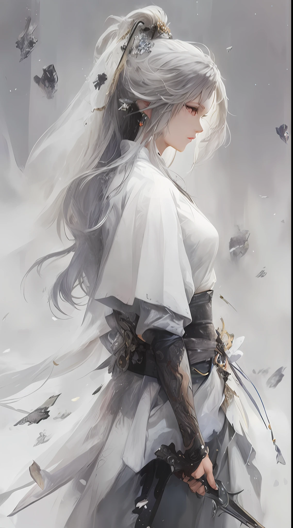anime girl with long white hair and a sword in her hand, beautiful fantasy anime, guweiz, 4 k manga wallpaper, anime art wallpaper 8 k, anime fantasy artwork, white haired deity, artwork in the style of guweiz, 4k anime wallpaper, guweiz masterpiece, anime art wallpaper 4 k, anime art wallpaper 4k, ethereal anime