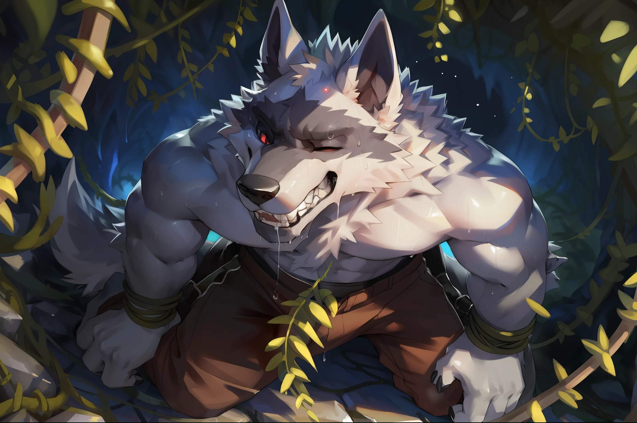 (deathwolf:1.2), 1boy, solo, (correct anatomy:1.2), colored sclera, red eyes, dark pants, white fur, full body, anthro, (frown:1.2), (pain:1.3), (clenched teeth with drooling:1.4), (one eye closed:1.5), from above, kneeling, hands behind back, (looking upwards:1.5), (tightly bound by vines:1.3), male, muscular, muscular anthro, (sweat:1.5), muscular male, aged up, hi res, (bottomwear:1.2), 8k hd, extreme detail, detailed background, dark cave, by Pino Daeni, (by ruaidri), by virtyalfobo