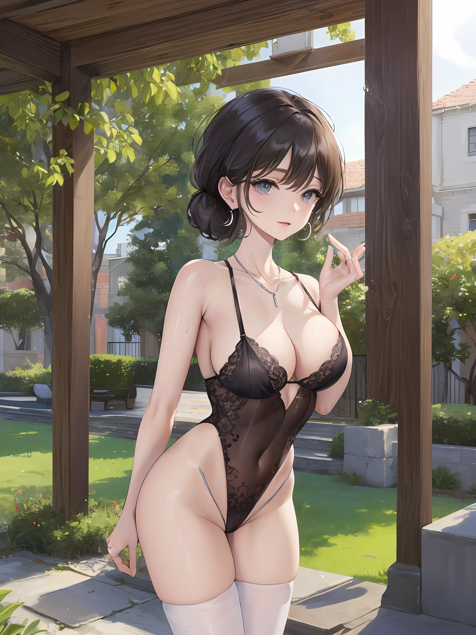 (Official Art, Masterpiece, Sharp Focus), 1 Woman, Delicate Hair, Eyes and Face, Smile, Real Touch, Background Blur, Cute Big Breasts Beautiful Buttocks, (Deep V, Split to Thigh), Landscape, Long Straight Hair, Sexy Expression, Architecture, Gorgeous Colors, Thin Clothes, (Wet), Delicate Body Highlights, White Socks Mysterious and Elegant, Garden Walk, (Medium Photo), Necklace, Earrings, Jewelry, Upper Body, Epic Background