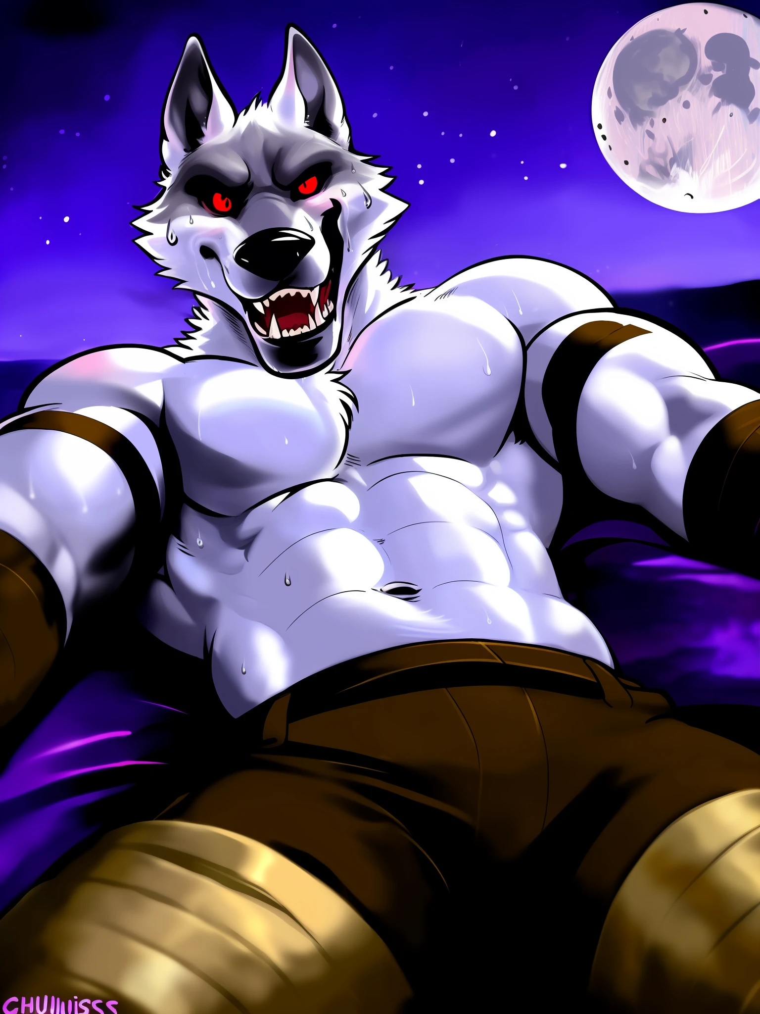 (deathpussinboots:1.2), correcrt anatomy, red eyes, solo, long nose, furry, wolf, lying on back, barechested, fluffy, front view, pants, arm wraps, leg wraps, exhaustion, open mouth, night, collapsed, moon, (pink glowing background), pink fire, arena, horrorcore, depth of field, perfect lighting, light particles, best quality, masterpiece, ultra detailed, sharp focus, (sweat:1.4) (by grimfaust, by chunie)