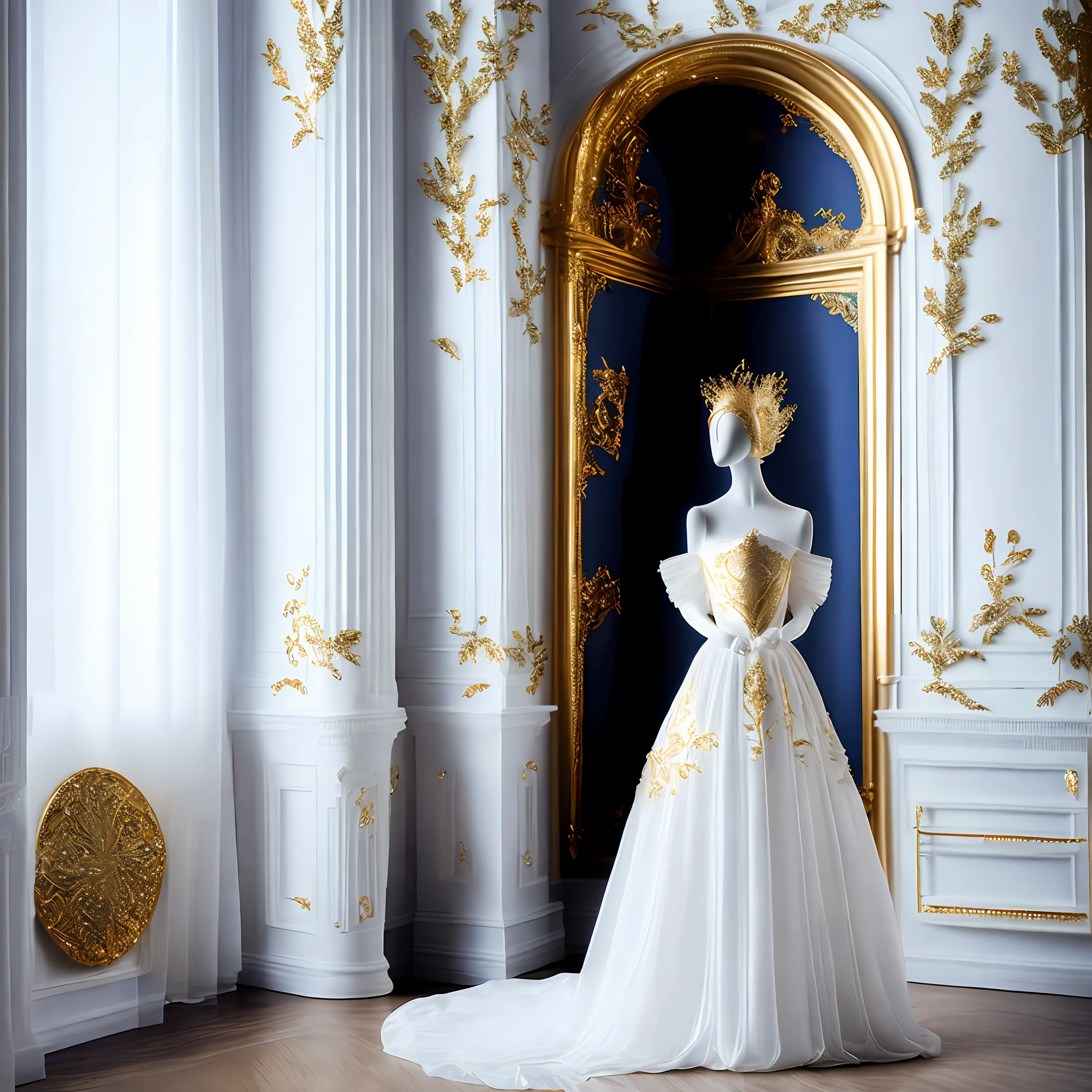 Baroque room, gold lines, a dummy model, dressed in a gorgeous white gauze long dress, off-the-shoulders, gold laurels, sapphires, masterpieces, hyper-detailed, realistic style, super real, complex elements, photography