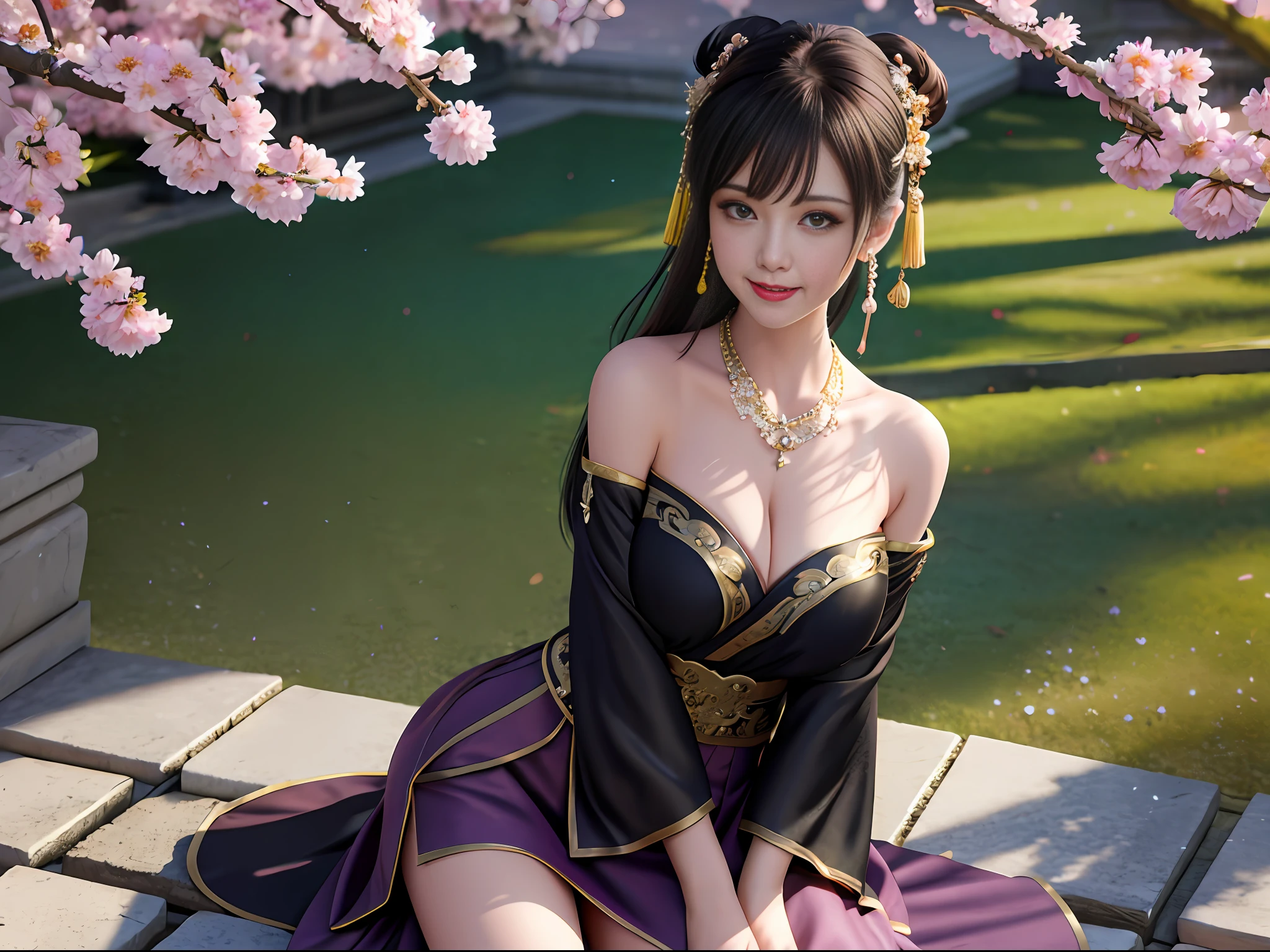 Excellent, masterpiece, high quality, high resolution, 8k, wallpaper, (((a girl))), (solo))), sideways sitting on a stool, blush, star pupils, (realistic face), (high detail face), bright big eyes, (smile: 0.9), sweet smile, beautiful and delicate face, sexy body, (high detail skin: 1.2), Chinese hanfu, ((black dress)), short skirt, leaky shoulders, leaky thighs, bandeau, cleavage, big boobs, long hair, bangs, hair bun, Detailed hair accessories, necklaces, jewelry, beauty, realistic, light sense, ancient courtyard, courtyard full of plum blossoms, detailed background, 8k uhd, SLR, soft light, high quality, volumetric lighting, candid shot, photo, high resolution, 4k