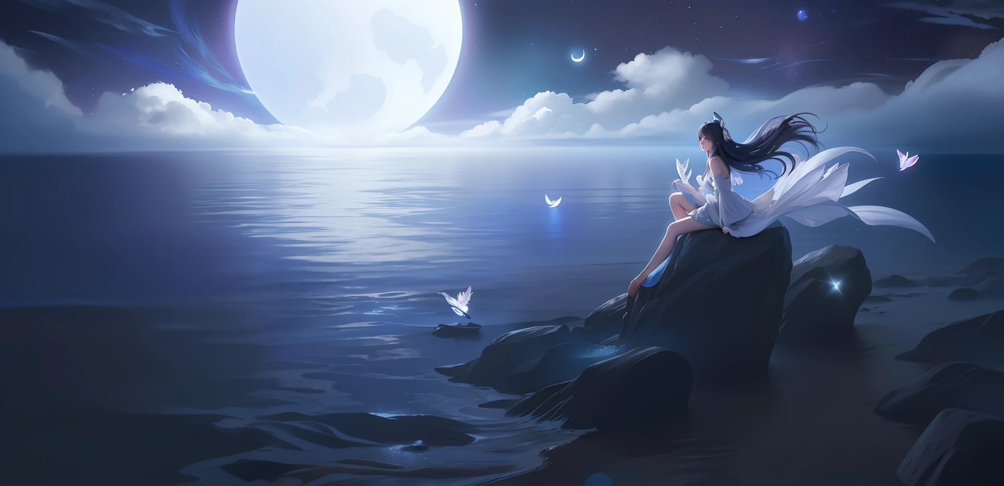 anime girl sitting on rock looking at the moon, sitting on a moon, by Yang J, anime beautiful peace scene, wallpaper anime blue water, beautiful fantasy anime, 4k anime wallpaper, anime art wallpaper 8 k, moonlight, by Ju Lian, anime art wallpaper 4 k, anime art wallpaper 4k, wallpaper - 1 0 2 4, beautiful moonlight night, beautiful wallpaper