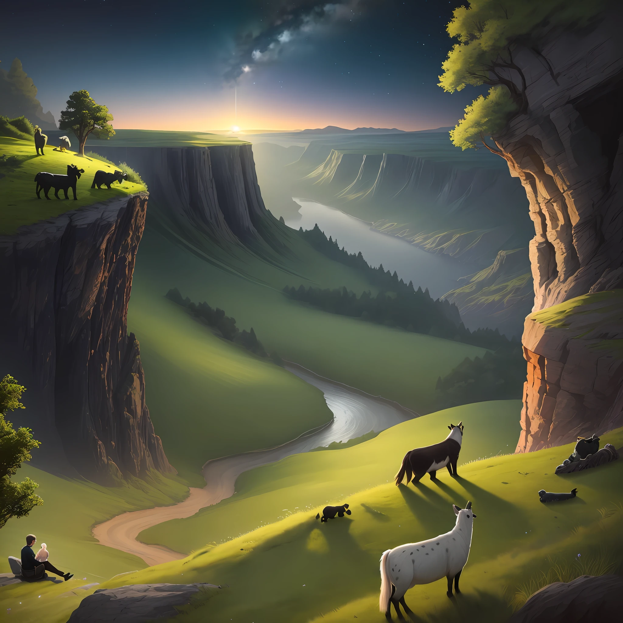On a meteor night, a couple sits on the edge of a cliff watching with green lawns and a herd of adorable animals, hyperrealistic