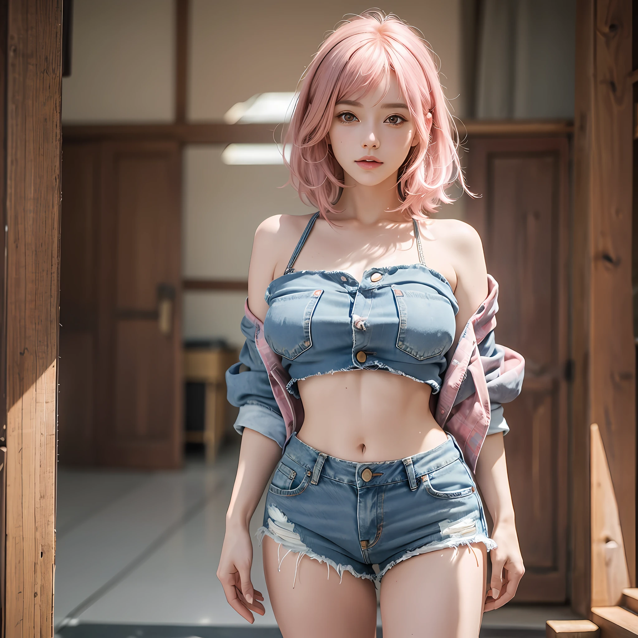 masterpiece, best quality, ultra realistic, hyper-detailed, 8k resolution, RAW photo, (1girl), gorgeous face, perfect body, mature female, 30yo, offshouder, short denim shorts, happy, posing for photo, pink hair, messy hair