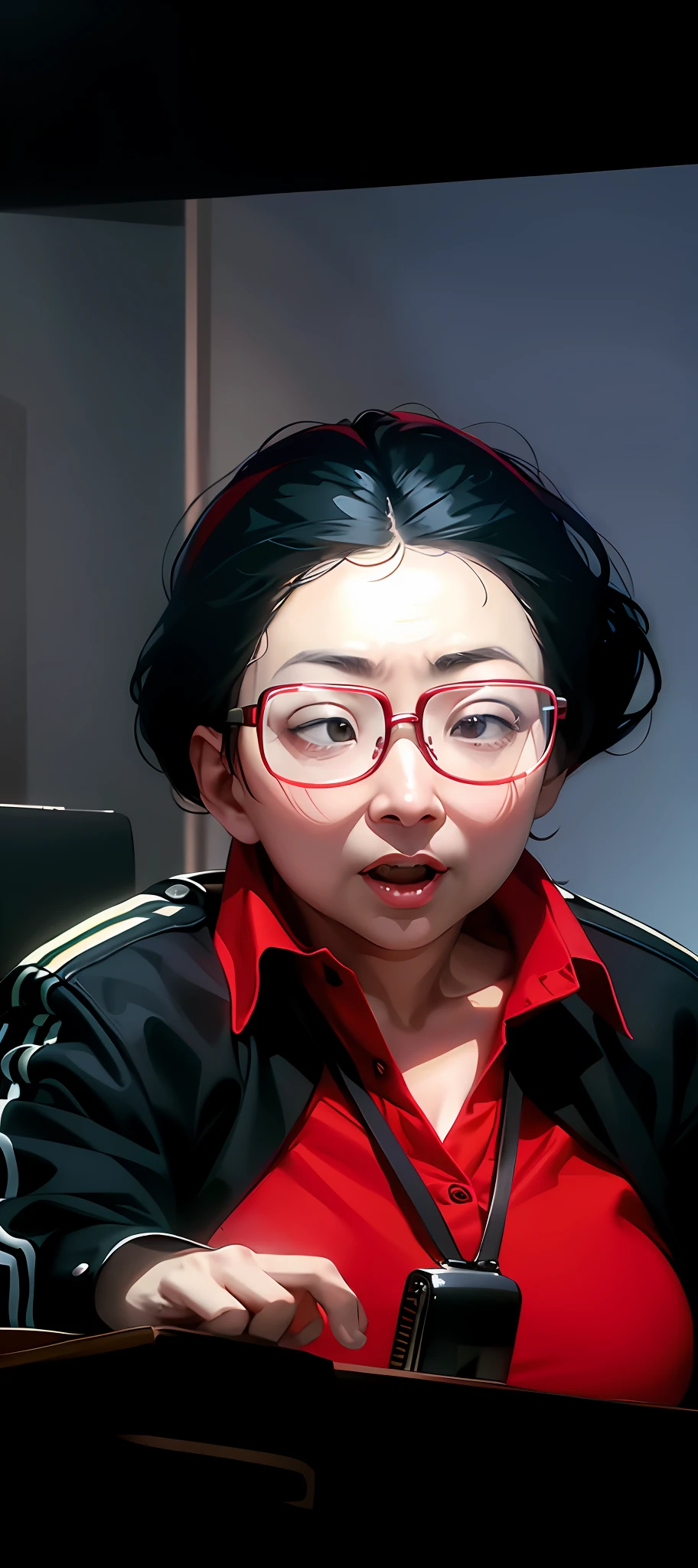 there is a woman with glasses and a red shirt making a funny face, fujita goro!, fujita goro, yun ling, kim jung giu, mei-ling zhou, ren heng, lulu chen, inspired by Min Zhen, itsuko azuma, pan ren wei, riyoko ikeda, bian luan, lei min, pengzhen zhang
