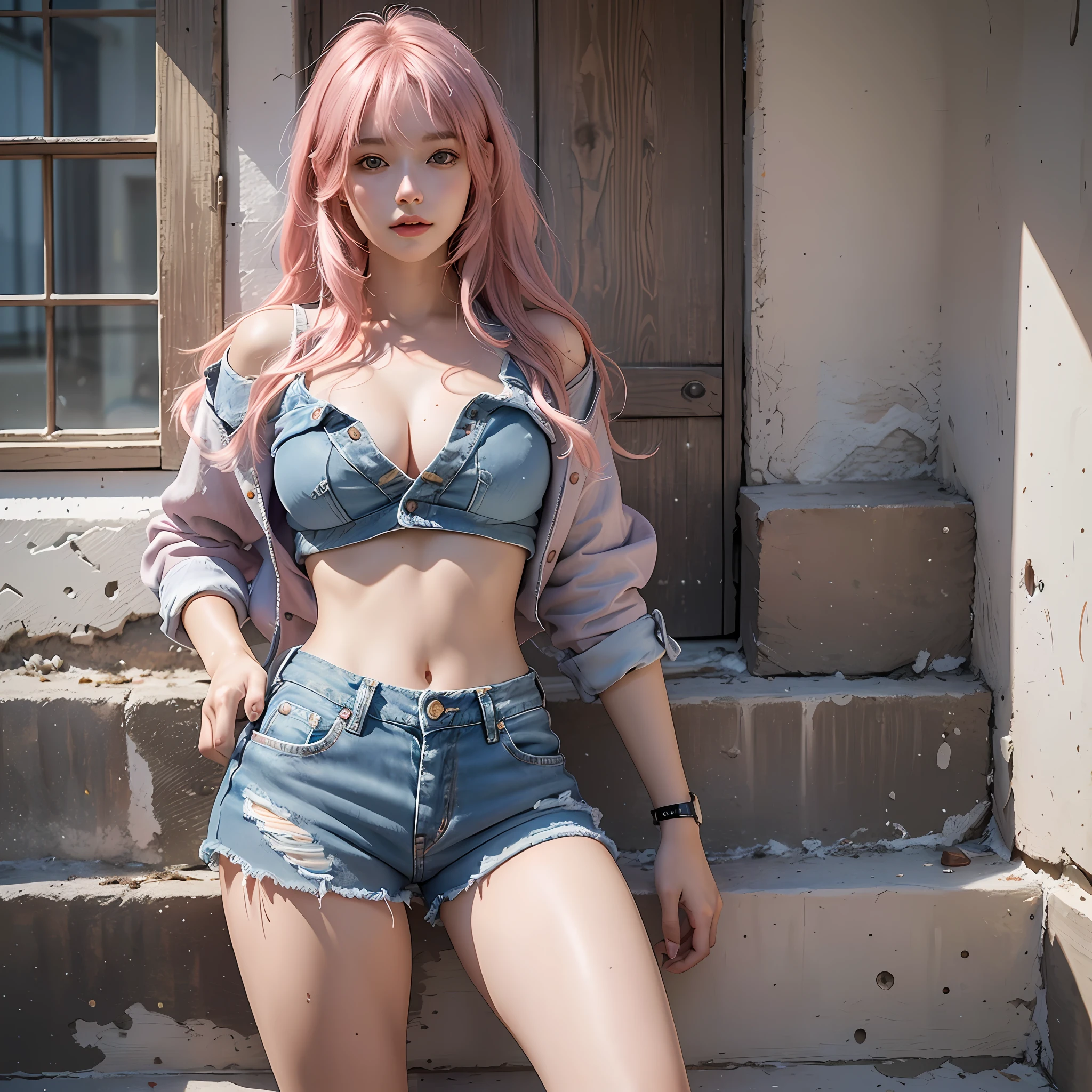 masterpiece, best quality, ultra realistic, hyper-detailed, 8k resolution, RAW photo, (1girl), gorgeous face, perfect body, mature female, 30yo, offshouder, short denim shorts, happy, posing for photo, pink hair, messy hair
