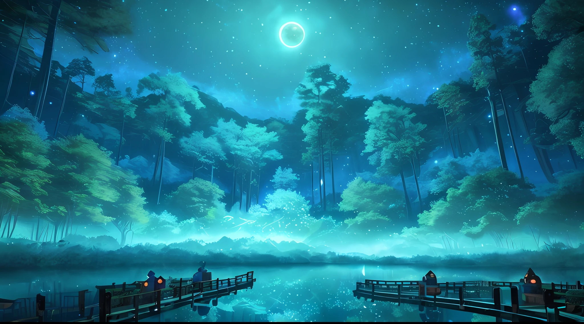 moon in silent night, beside a blue forest, a lake is emitting green fluorescence, the blue water is clear, fireflies, fantasy, dreamy, intricated details, illustration, 8k, ultra HD, --ar 16:9 --niji 5 --s 750