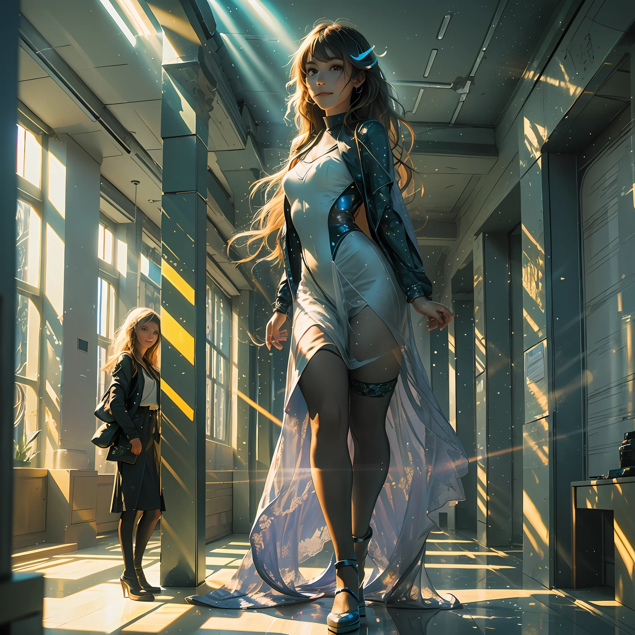 professional cinematic photo of a girl wandering in a hall, smiling, detailed face, ultimate shadow depth, f/22, busy setting, luminism, ultra bioluminescence, god rays, warm colors, high contrast, high focus, best Form shadows, best Shadow receiving bounced light, best Core shadows, best Cast shadows, best Occlusion shadows, ultra intricate shadow-light play,