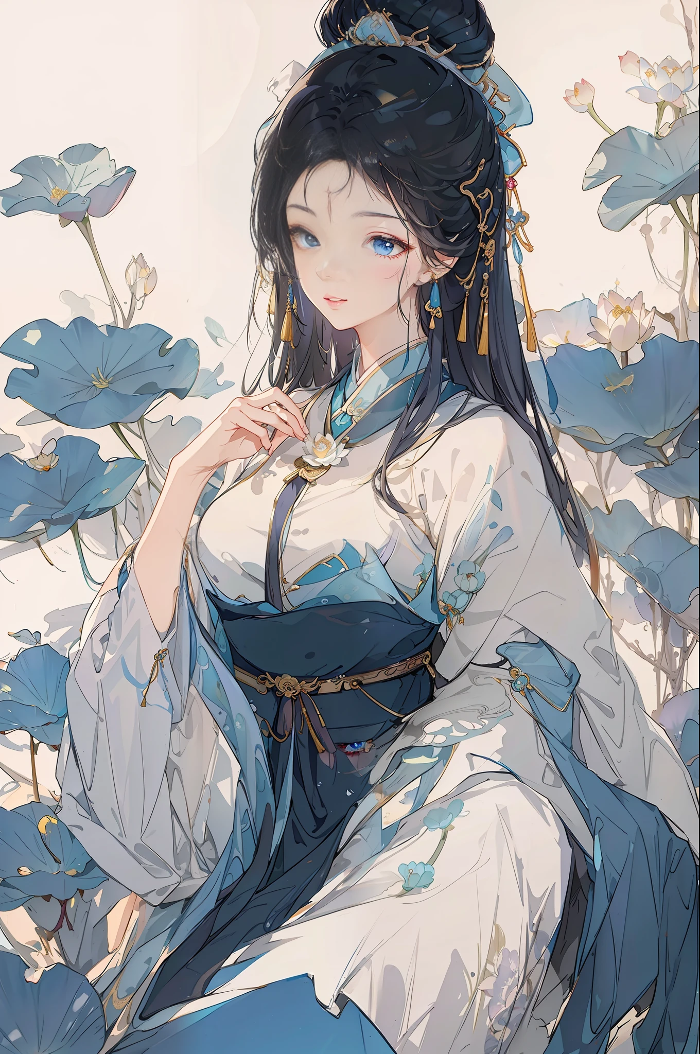Ancient Chinese beauty sitting on stone, wearing ancient Chinese costume, flowing blue tulle, light silk, lazy pose, large lotus leaves, lotus flowers, ink painting style, clean colors, decisive cutting, white space, freehand, masterpiece, super detailed, epic composition, high quality, highest quality, 4k --v 6