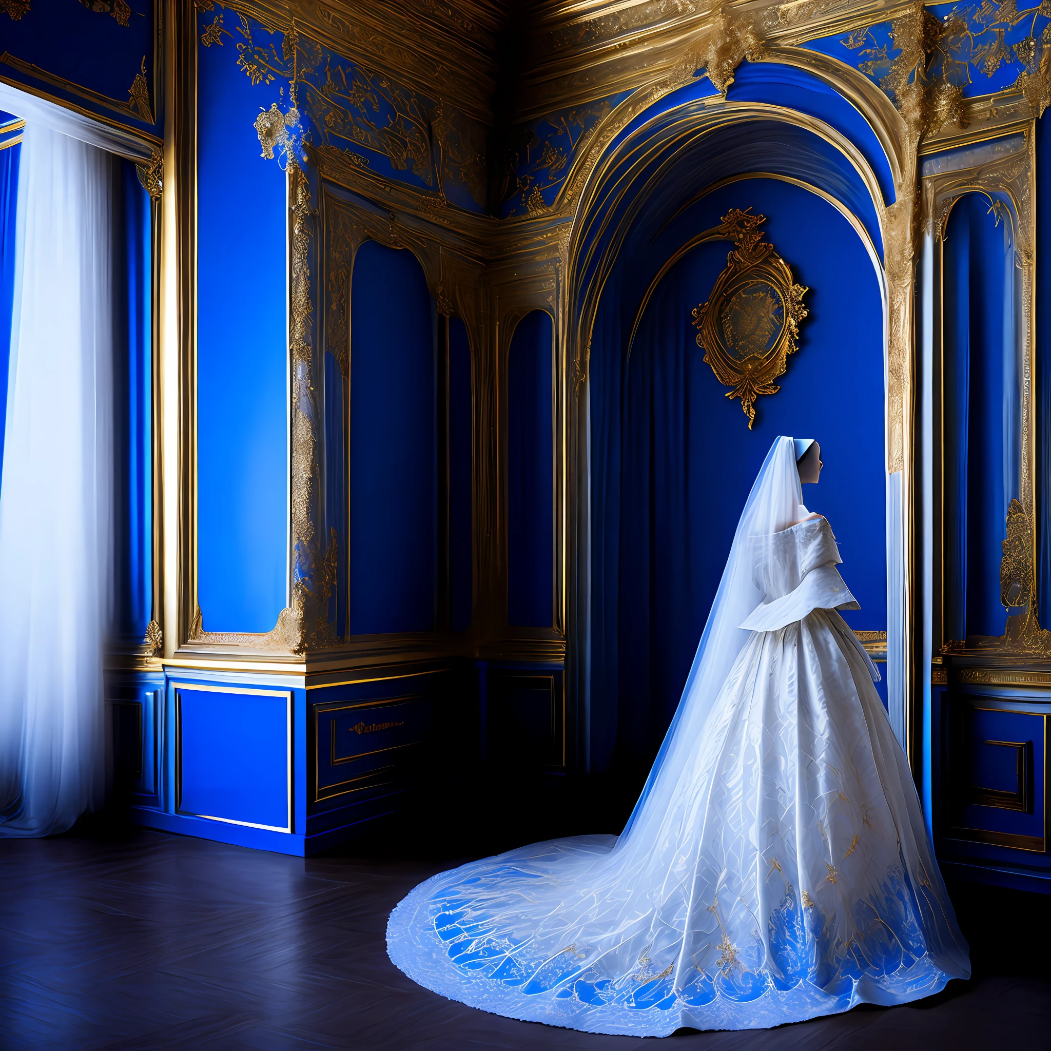 Baroque room, gold lines, a dummy model, dressed in a gorgeous white gauze dress, off-the-shoulder, shawl, veil, sapphire, masterpiece, hyperdetail, realistic style, super real, complex elements, photography