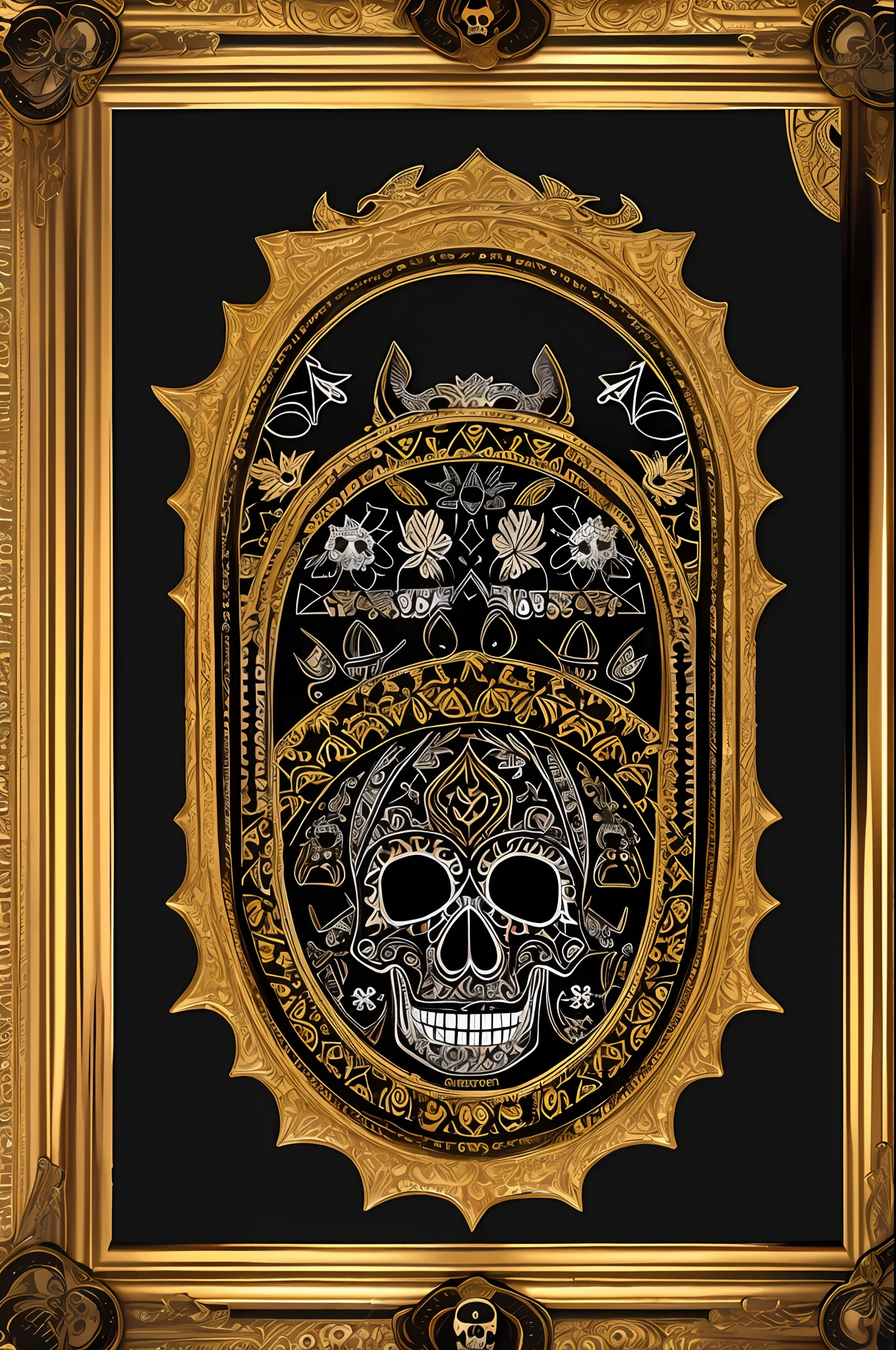 Detailed and Mexican decorative picture frames,symmetrical,black background,Skull, Detailed Mexican Decoration, Satan,Vector flat, gold, black, Aaron Hokey, Masterpiece, ultra-high resolution, high quality