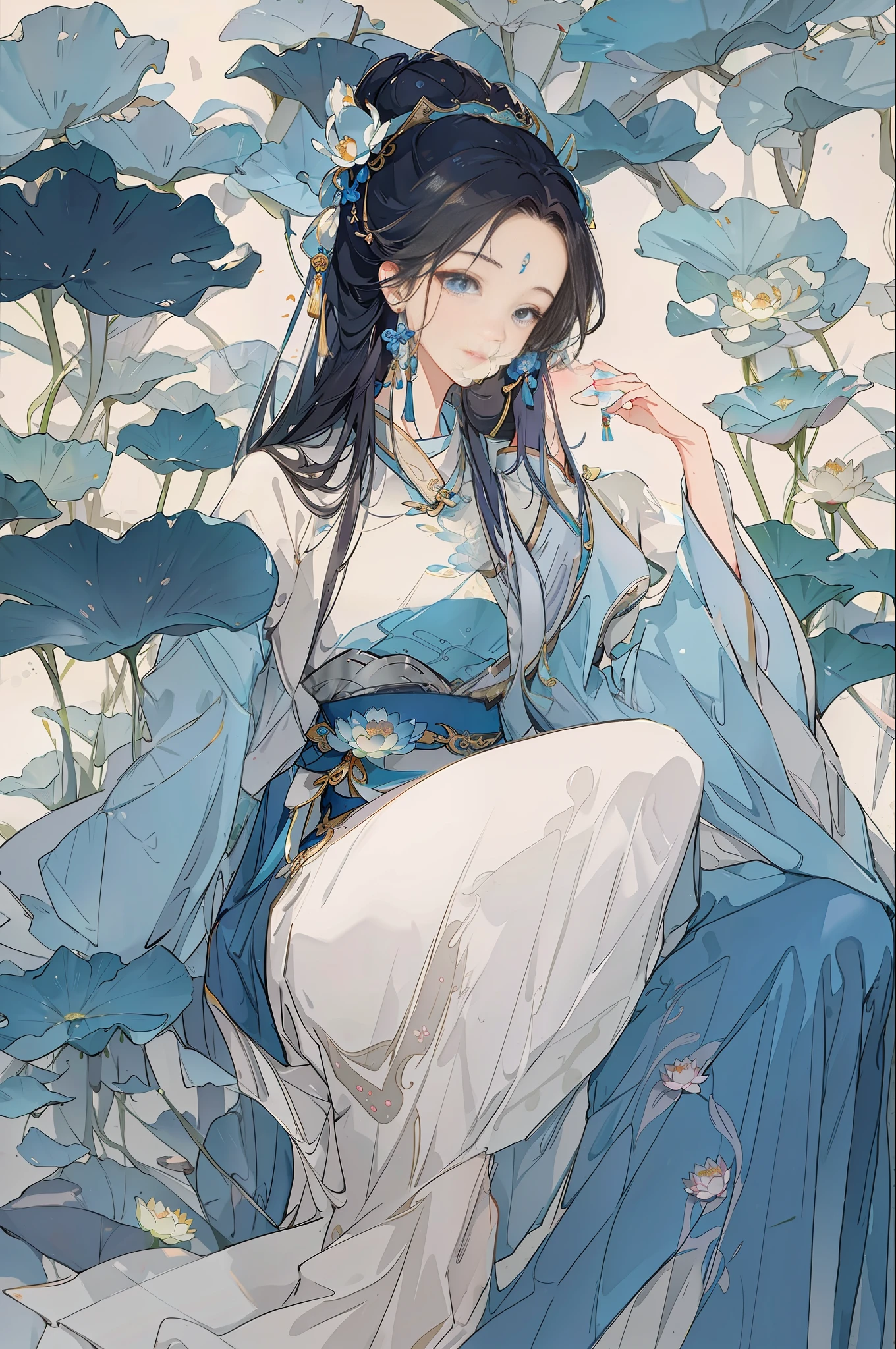 Ancient Chinese beauty sitting on stone, wearing ancient Chinese costume, flowing blue tulle, light silk, lazy pose, large lotus leaves, lotus flowers, ink painting style, clean colors, decisive cutting, white space, freehand, masterpiece, super detailed, epic composition, high quality, highest quality, 4k --v 6