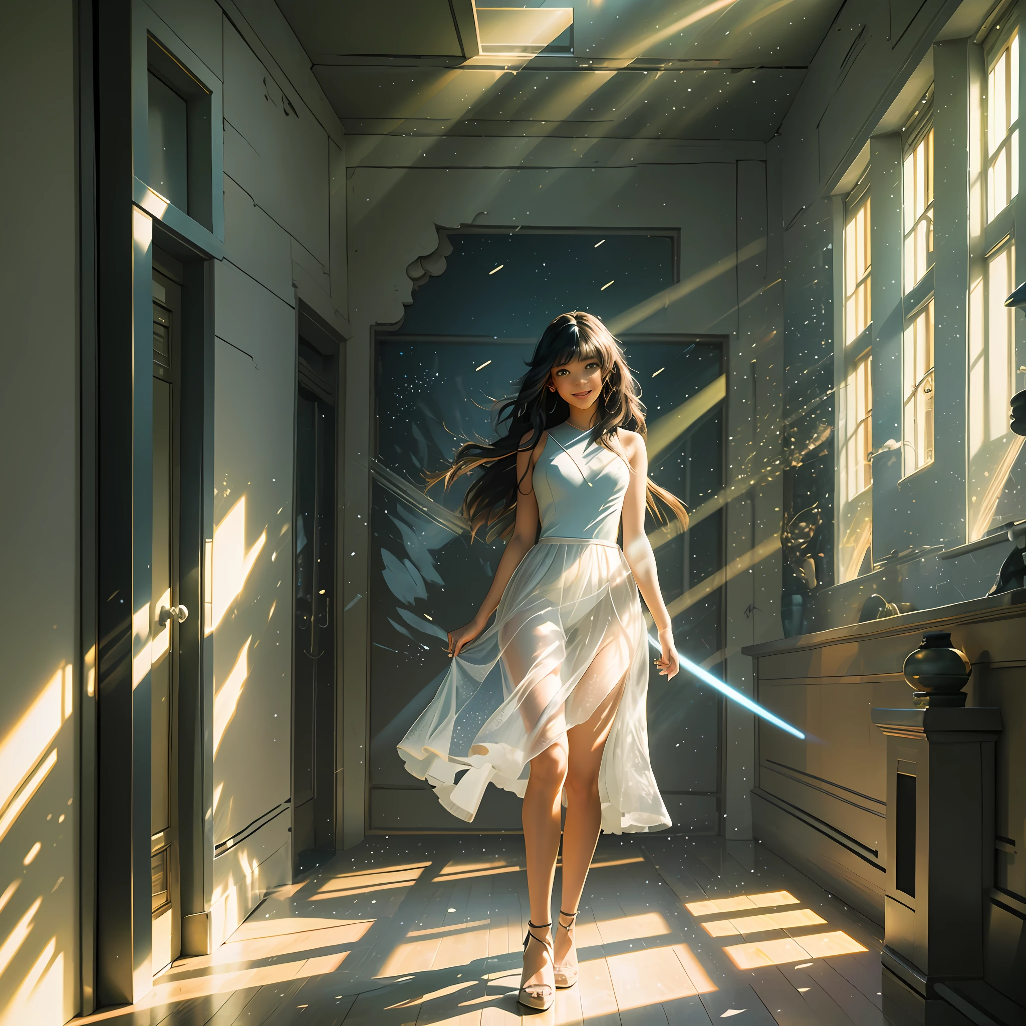 professional cinematic photo of a girl wandering in a hall, smiling, detailed face, ultimate shadow depth, f/22 aperture, busy setting, luminism, ultra bioluminescence, god rays, warm colors, high contrast, high focus, best Form shadows, best Shadow receiving bounced light, best Core shadows, best Cast shadows, best Occlusion shadows, ultra intricate shadow-light play,