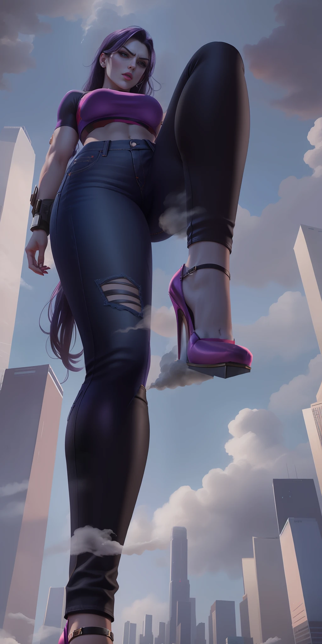 Giantess widowmaker wearing crop top and jeans, athletic body, gts city, city buildings, smoke, clouds, evil, realistic lighting, high heels, from below,