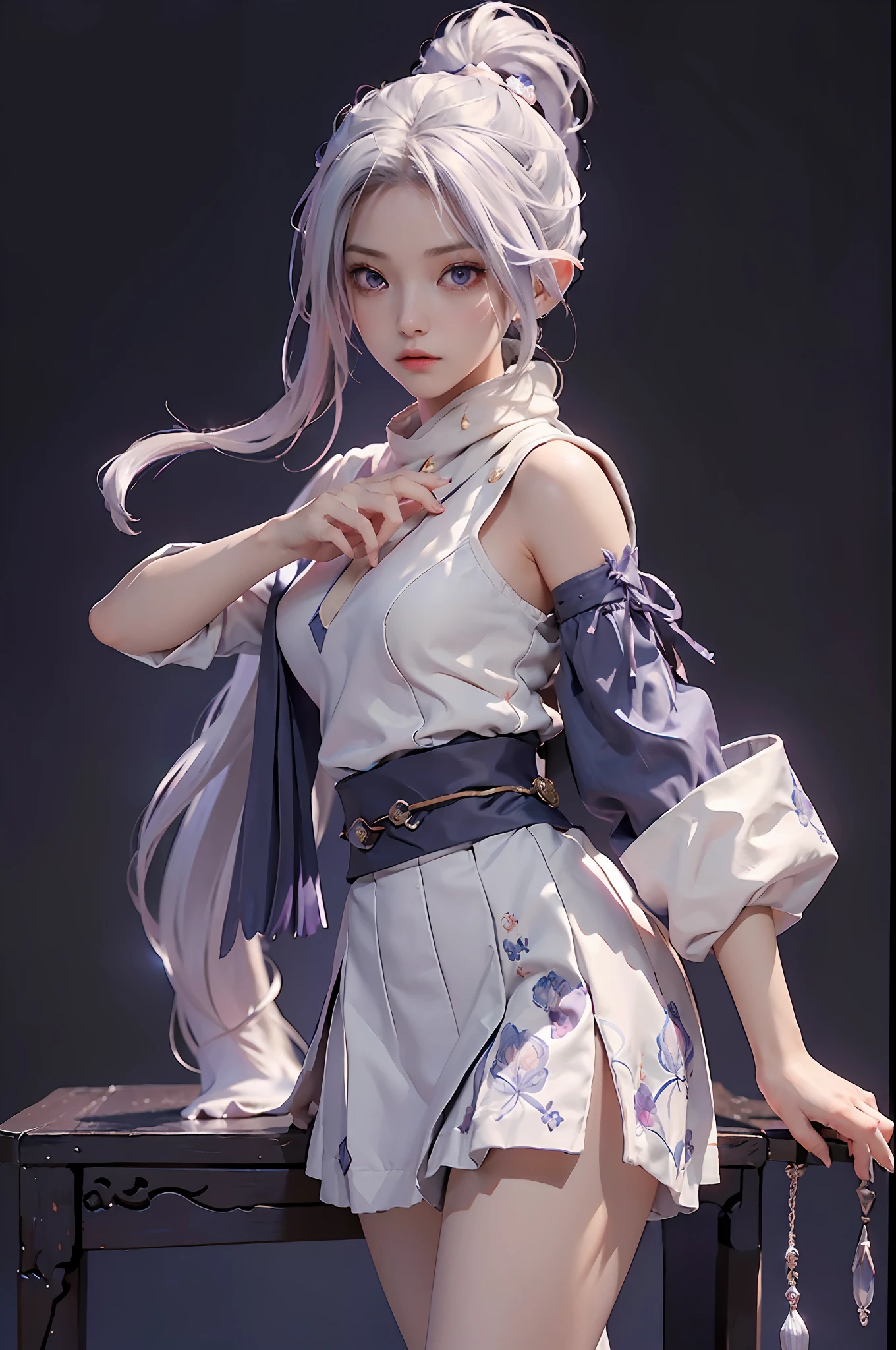 (((masterpiece))), (((best quality))), ((ultra-detailed)), (highly detailed CG illustration), cinematic light, intricate detail,
full body, chibi,
1girl, white hair, ponytail, purple eyes, (ninja), short sword, medium breats ,scarf, wallpaper, magic circle background, light particles, blue fire,