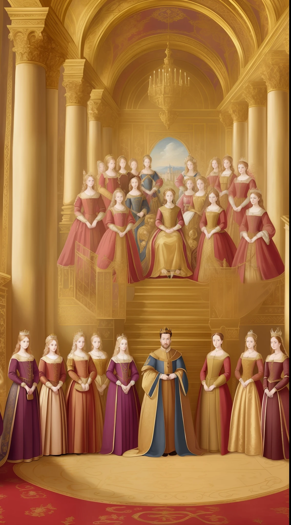 An exquisite and realistic masterpiece featuring Henry VIII, surrounded by six women dressed in royal attire, best illumination and shadow, floating in a grand and magnificent palace, with a dynamic perspective and pose, ultra-detailed CG unity 8k wallpaper, perfect for historical or royal-themed illustration.