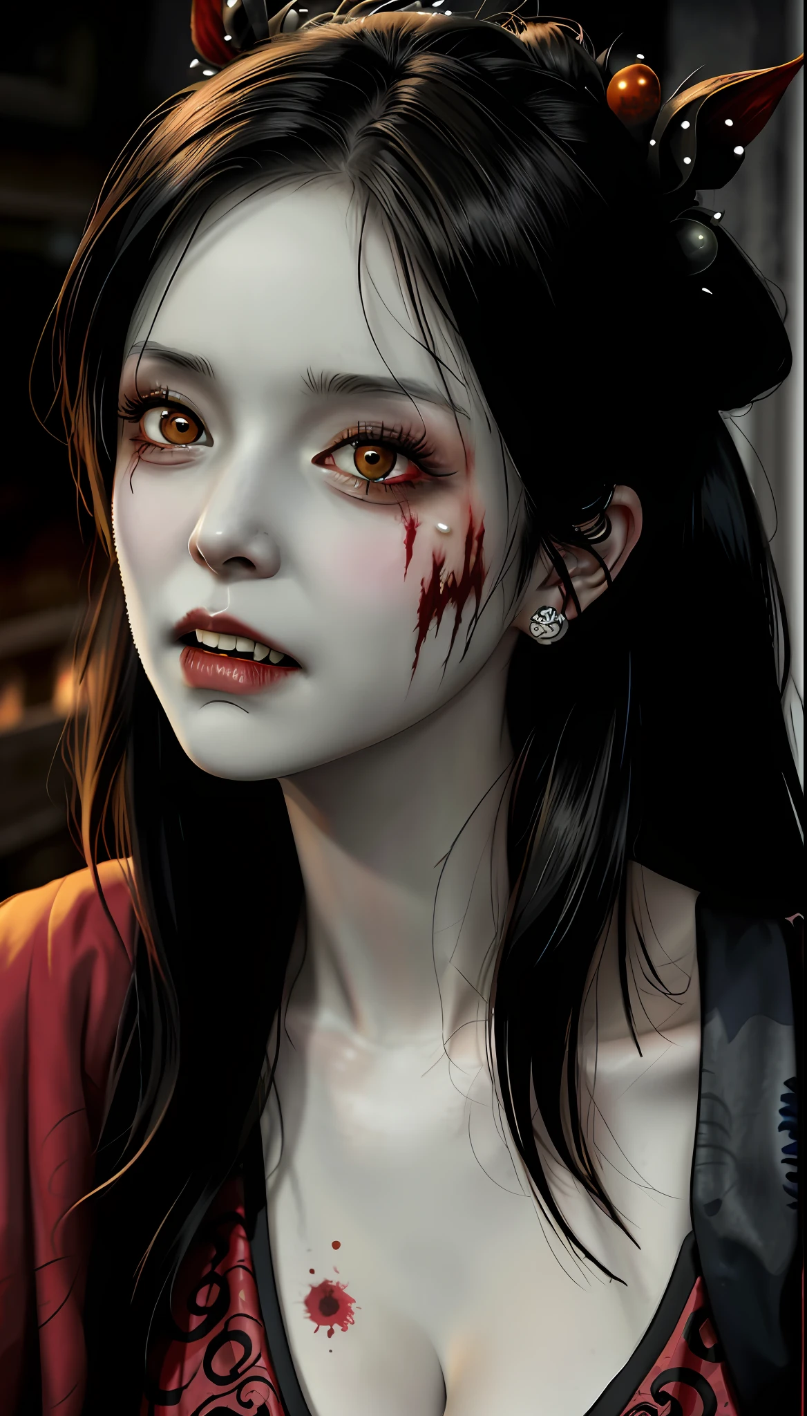 zombie girl, whole body, extremely rotten skin, skin fragments with yellow and scattered hair, empty eyes, terrifying facial expression, torn hanfu, tattered hanfu, night, desolate chinese street, full moon, empty eye sockets, vampire teeth, torn corners of the mouth, torn wounds, whole body blood, masterpiece, high resolution, best quality, super detail, intricate details, colorful, film composition, a close up of a woman with a bloody face, zombies apocalipsis, zombie with white eyes, in the walking dead, zombie, zombies, man mutating to zombie, zombie face, walking dead, the walking dead, zombie's, zombified, zombie in horror Concept Art, Evil Zombie, Hauntingly Beautiful Zombie, Zombies Attack, Big Tits, 36D, Big Boobs, Sexy, Buttocks, Hot, Big Breasts, Cleavage, Big Tits, Detailed