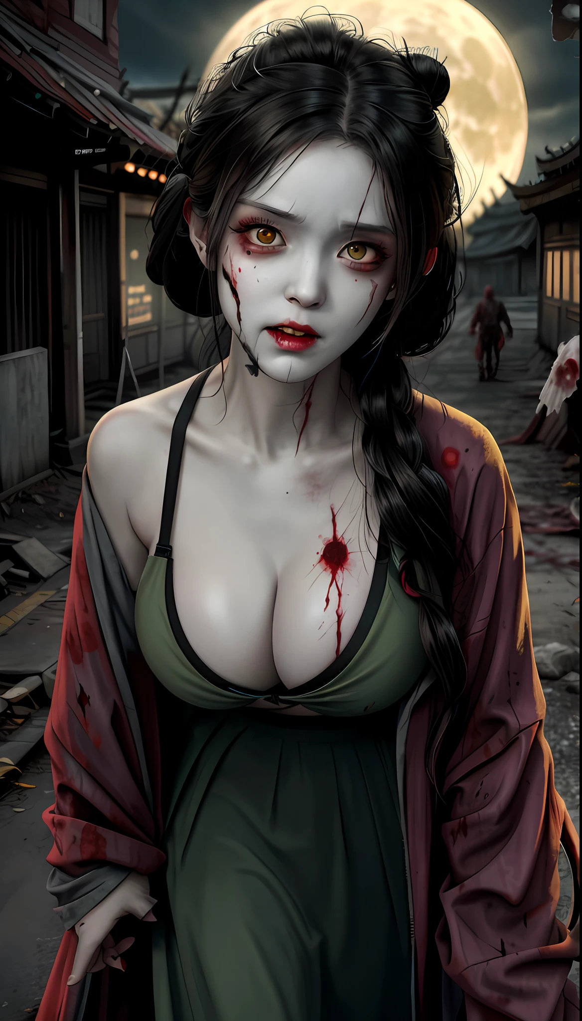 zombie girl, whole body, extremely rotten skin, skin fragments with yellow and scattered hair, empty eyes, terrifying facial expression, torn hanfu, tattered hanfu, night, desolate chinese street, full moon, empty eye sockets, vampire teeth, torn corners of the mouth, torn wounds, whole body blood, masterpiece, high resolution, best quality, super detail, intricate details, colorful, film composition, a close up of a woman with a bloody face, zombies apocalipsis, zombie with white eyes, in the walking dead, zombie, zombies, man mutating to zombie, zombie face, walking dead, the walking dead, zombie's, zombified, zombie in horror Concept Art, Evil Zombie, Hauntingly Beautiful Zombie, Zombies Attack, Big Tits, 36D, Big Boobs, Sexy, Buttocks, Hot, Big Breasts, Cleavage, Big Tits, Detailed