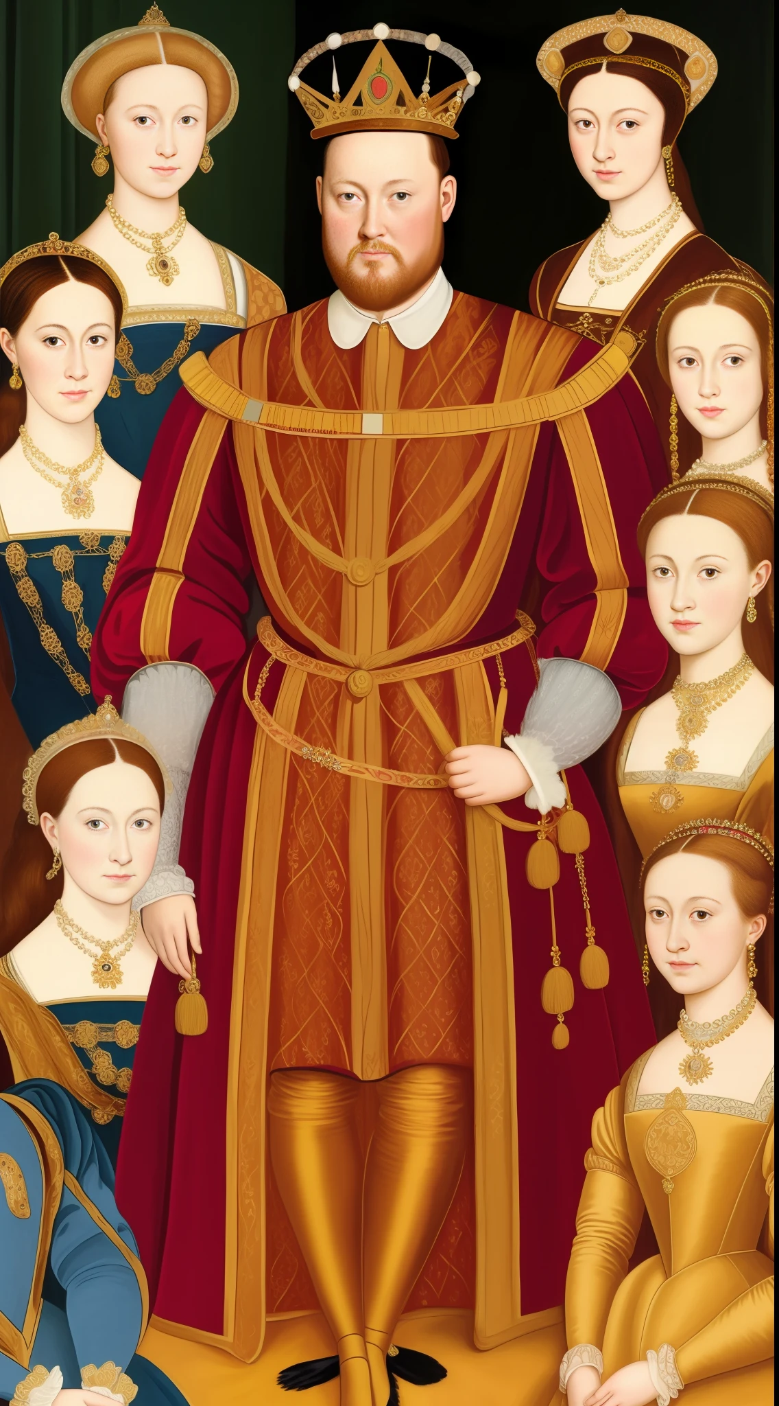 (best quality, masterpiece) A portrait of King Henry VIII standing tall and regal, surrounded by six women in royal attire, their dresses befitting their noble status. Each woman has a unique and striking appearance, with intricate details in their hair and jewelry. The scene is illuminated by a soft, glowing light that highlights the subjects' features and adds drama to the composition.