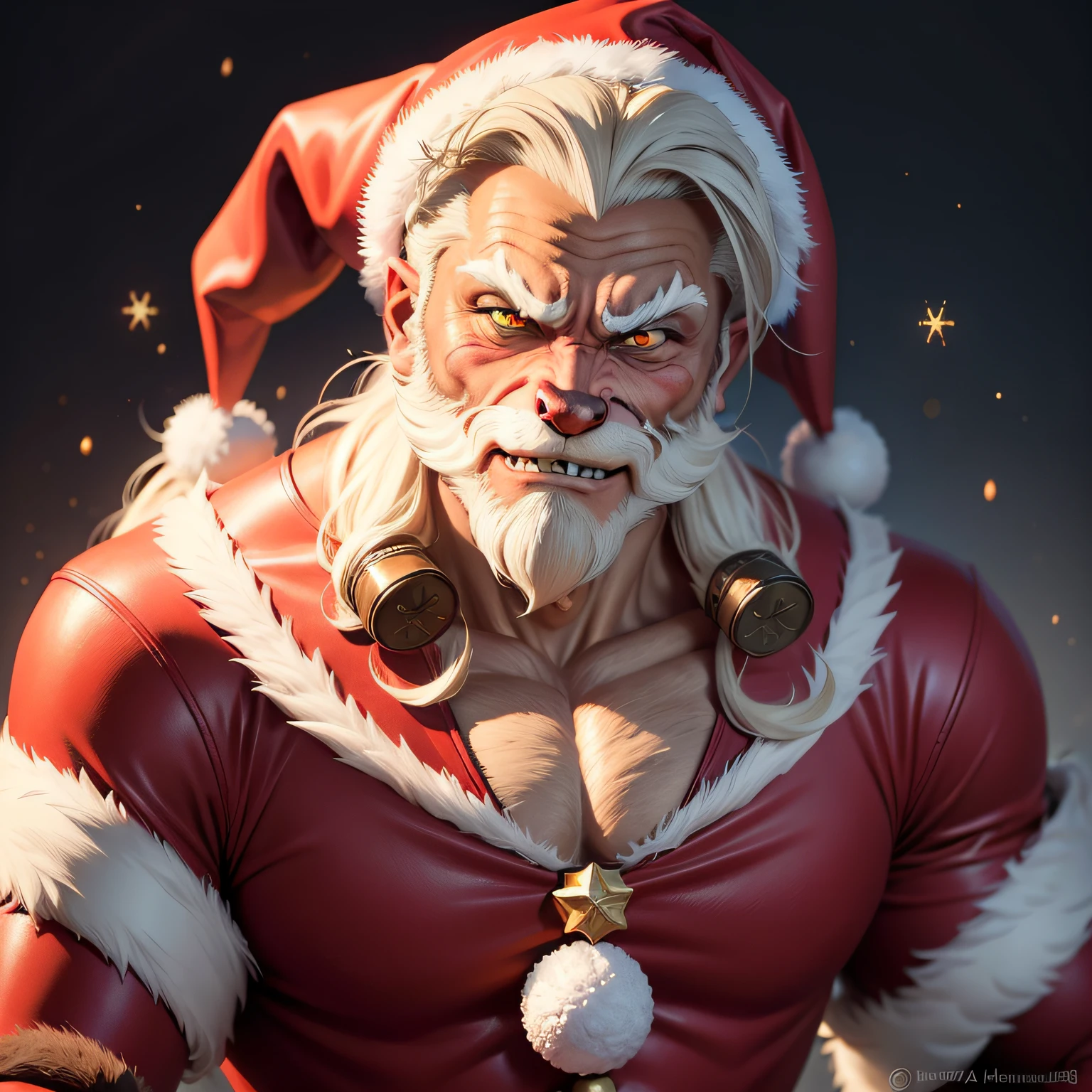 (Werewolf Santa Claus), charhelper, digital painting, high detail, professional, masterpiece, anime, stylized, face, facial expression, inkpunk, professional anatomy, professional hands, anatomically correct, colorful