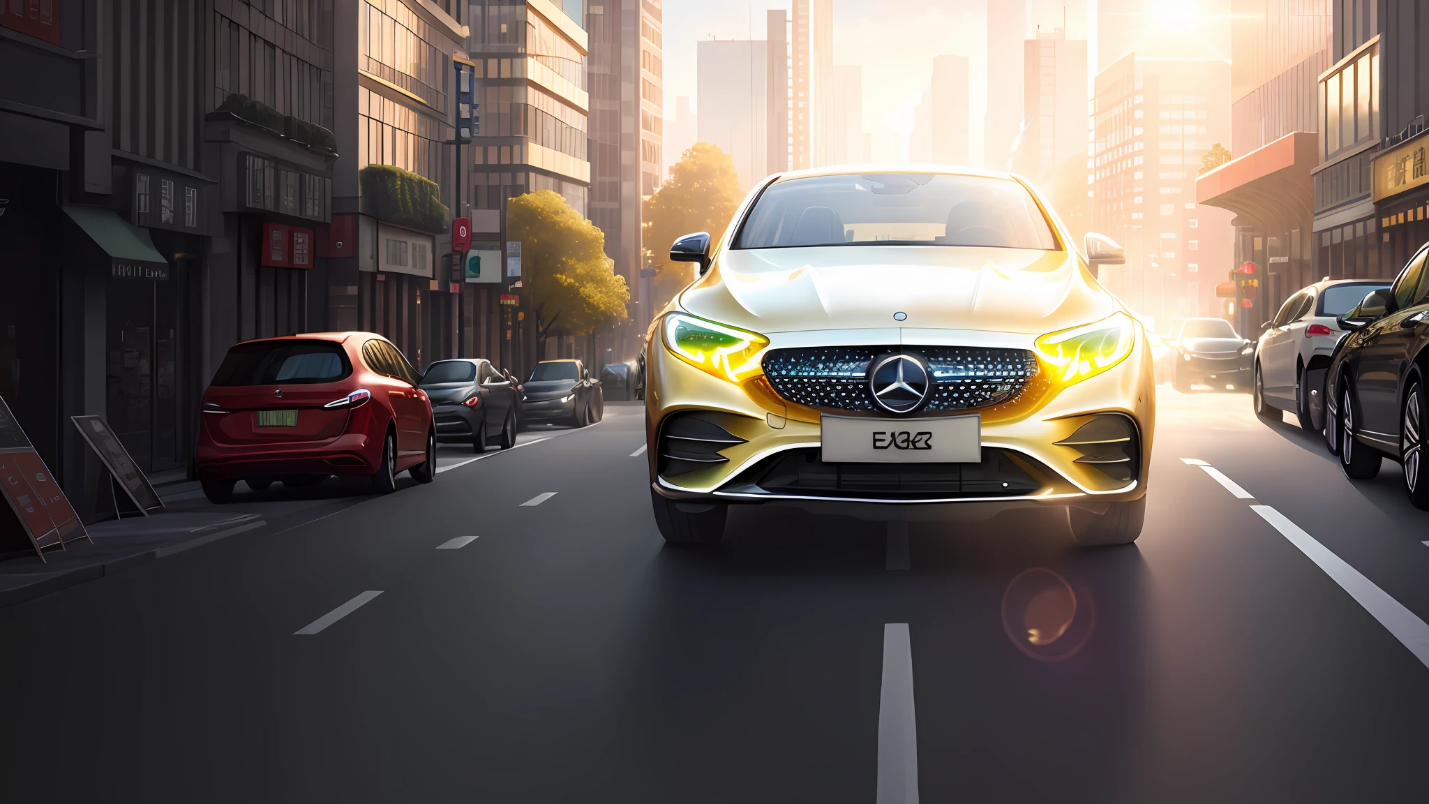 mercedes-EQS, sunshine, driving on road, road surface, left turn, driving commercial street in shanghai, road signage, commercial street, billboard, pedestrian, silver metal body, sky, clouds, glass windows, metal reflection, city track, high-rise buildings, high-rise, photography, art station trend, sharp focus, intricate detail, high detail, ambient light, ray tracing,