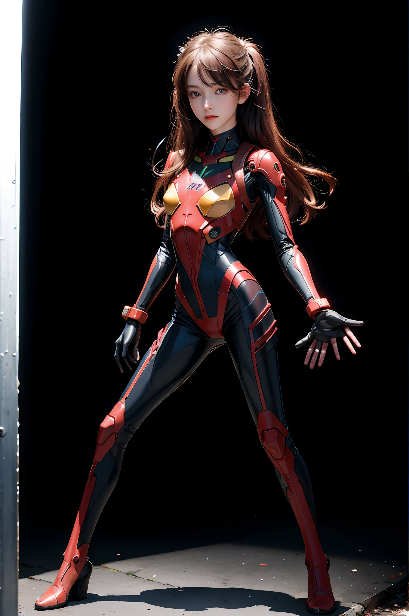 ((Real)))Photo, ((Full body:1.1)), Best Quality, 1 girl, Ultra detailed face, Detailed lips, Detailed eyes, Double eyelids, Beautiful face, Beautiful eyes, Thin waist, Best quality, Pale skin, Suliu Aska Langle, Plug suit 02, Black background, (Face and eye details:1.1), Self-righteous, Blush, ((Shy)), Very delicate and beautiful girl, Dynamic pose, ( to8contrast style),