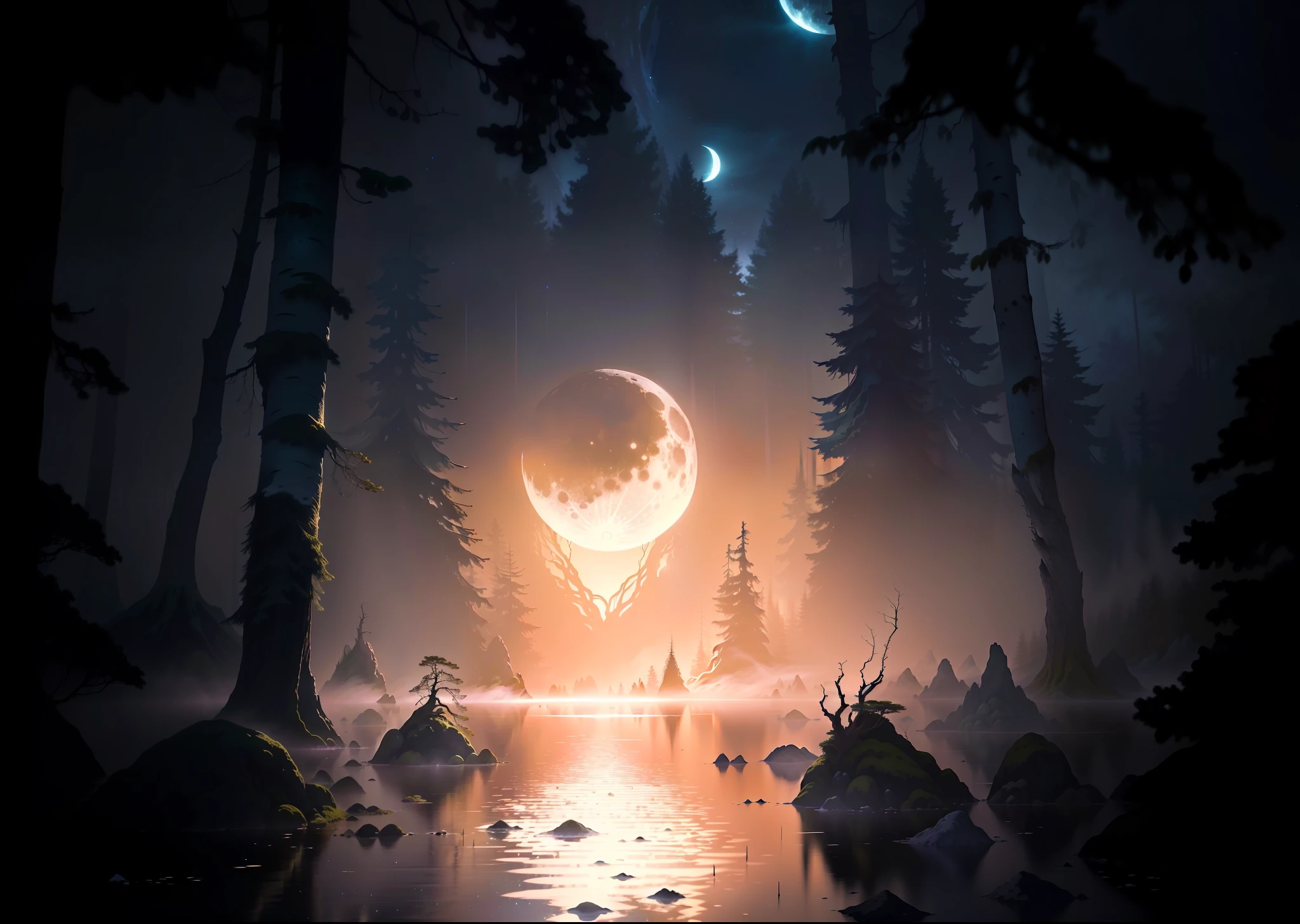 there is a picture of a moon that is in the sky, mystical forest lagoon, moonlit forest environment, moonlit backdrop, forest and moon, moonlit forest, mystical scene, big moon above the water, an image of a moonlit forest, magical forest backround, artistic swamp with mystic fog, moonlit night dreamy atmosphere, mystical setting, eerie luminosity