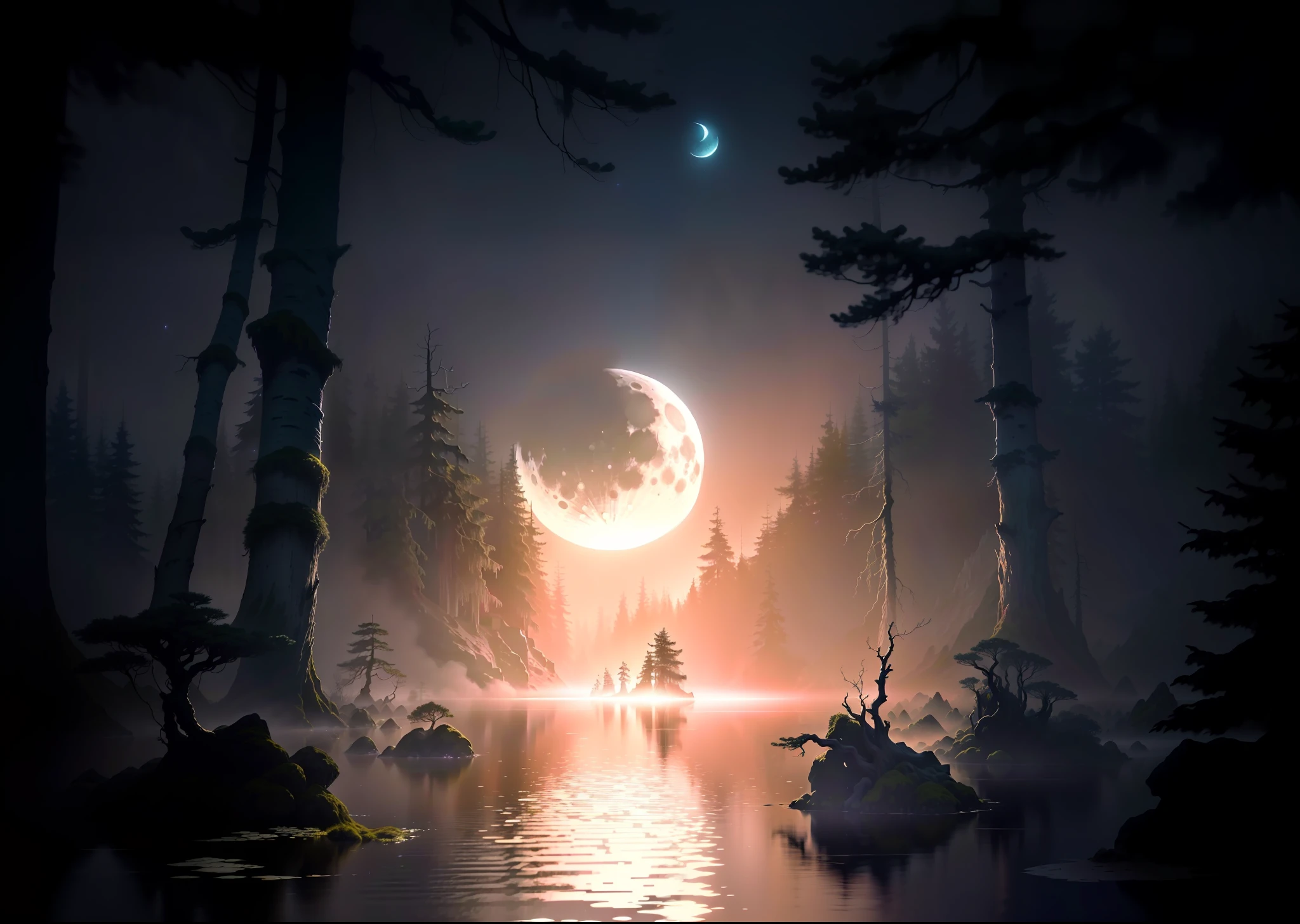 there is a picture of a moon that is in the sky, mystical forest lagoon, moonlit forest environment, moonlit backdrop, forest and moon, moonlit forest, mystical scene, big moon above the water, an image of a moonlit forest, magical forest backround, artistic swamp with mystic fog, moonlit night dreamy atmosphere, mystical setting, eerie luminosity
