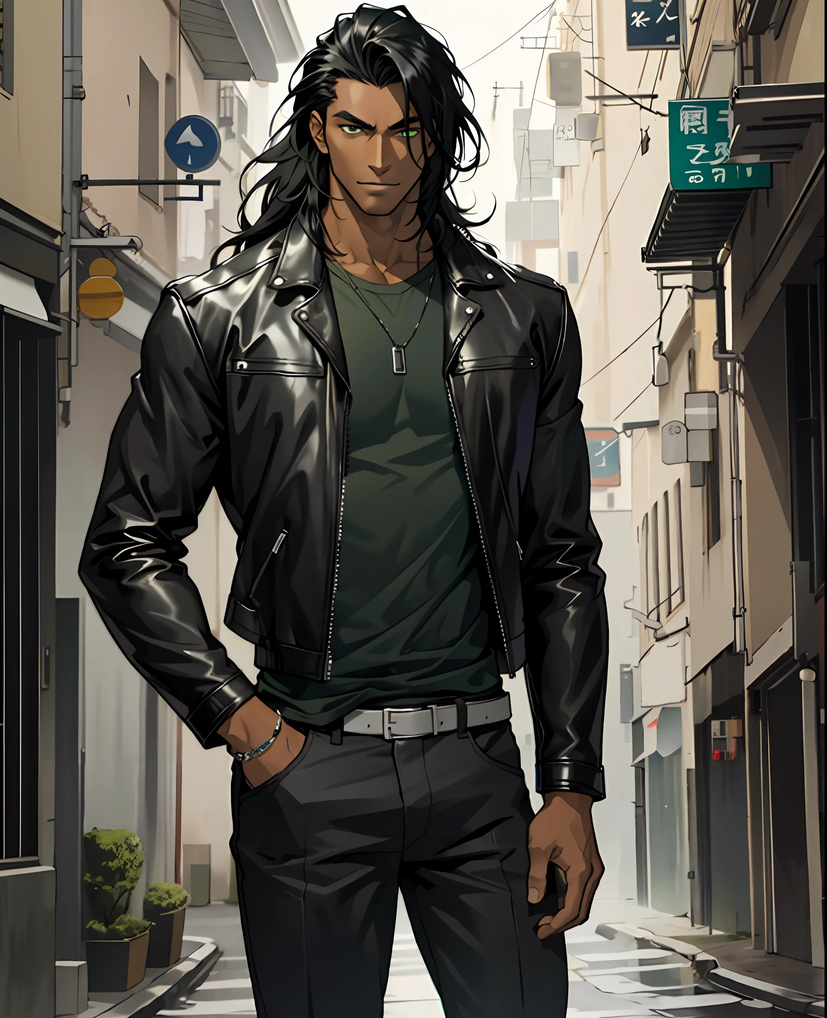 Tall man, dark skinned, handsome, leather jacket, strong, long hair, black hair, dark skin, alone, detailed green eyes, posture would be