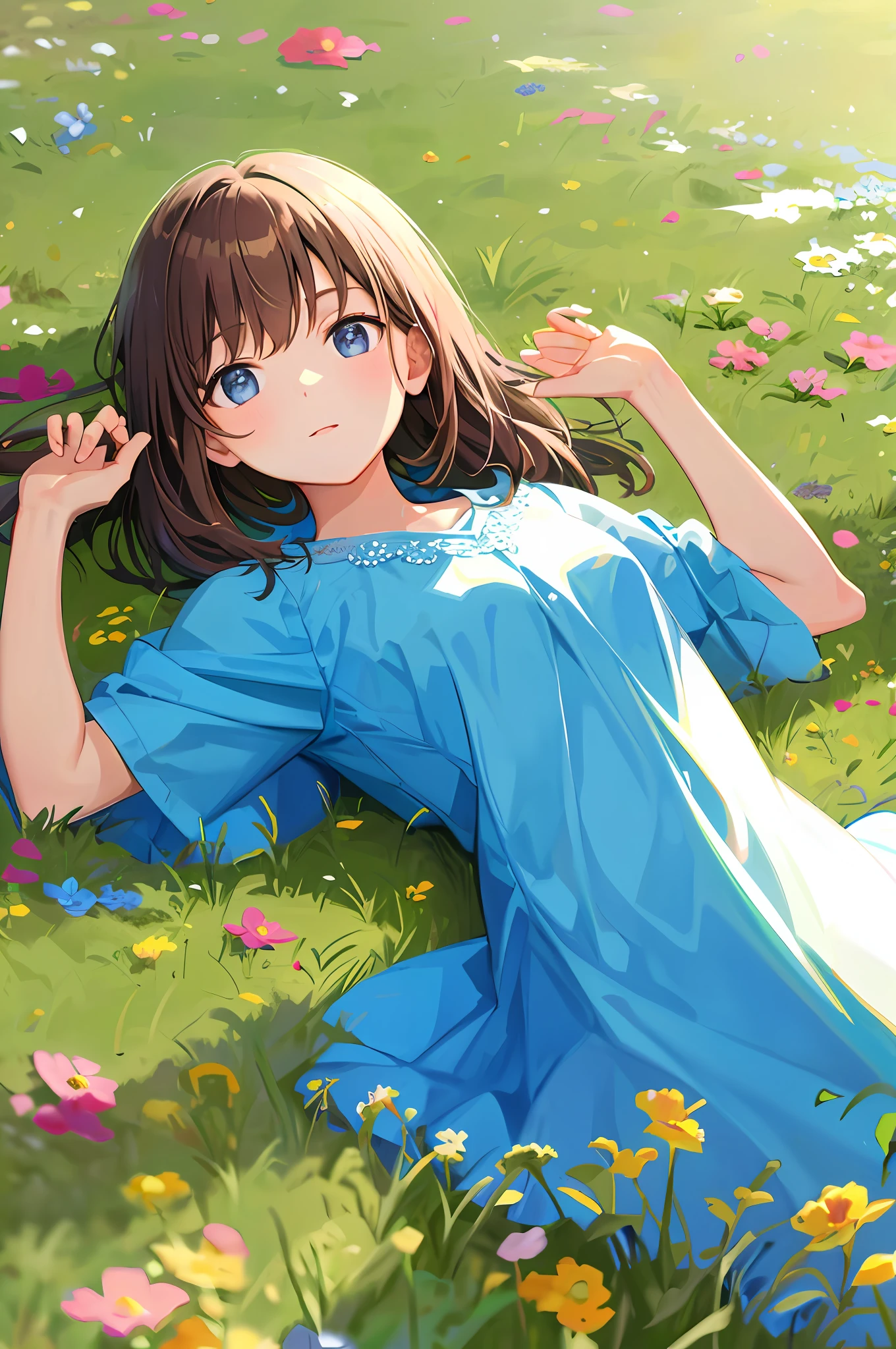 (flowers), (lying on the grass:1.5), upper body
